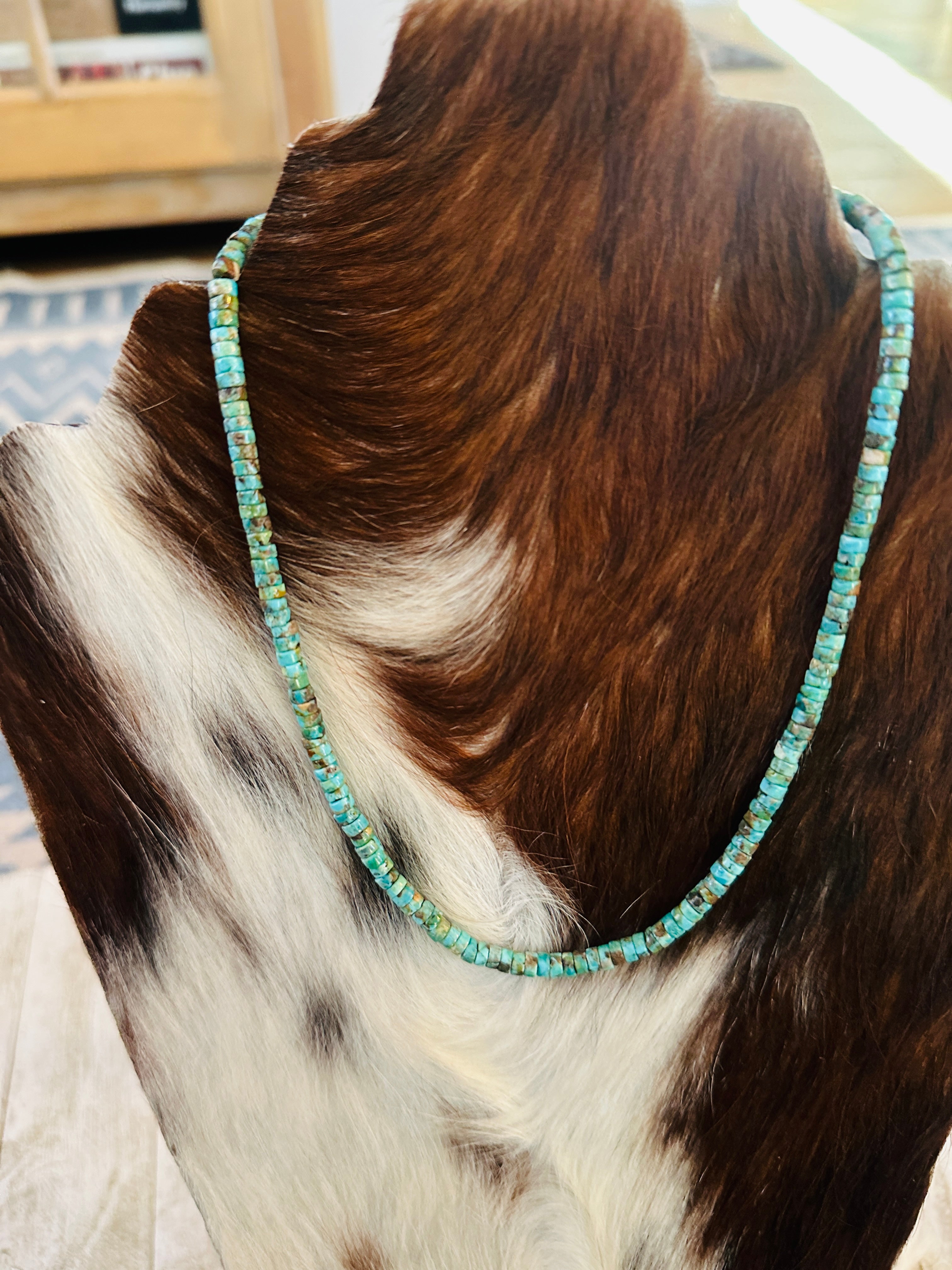 Handcrafted Turquoise & Sterling Silver Beaded Necklace 16”