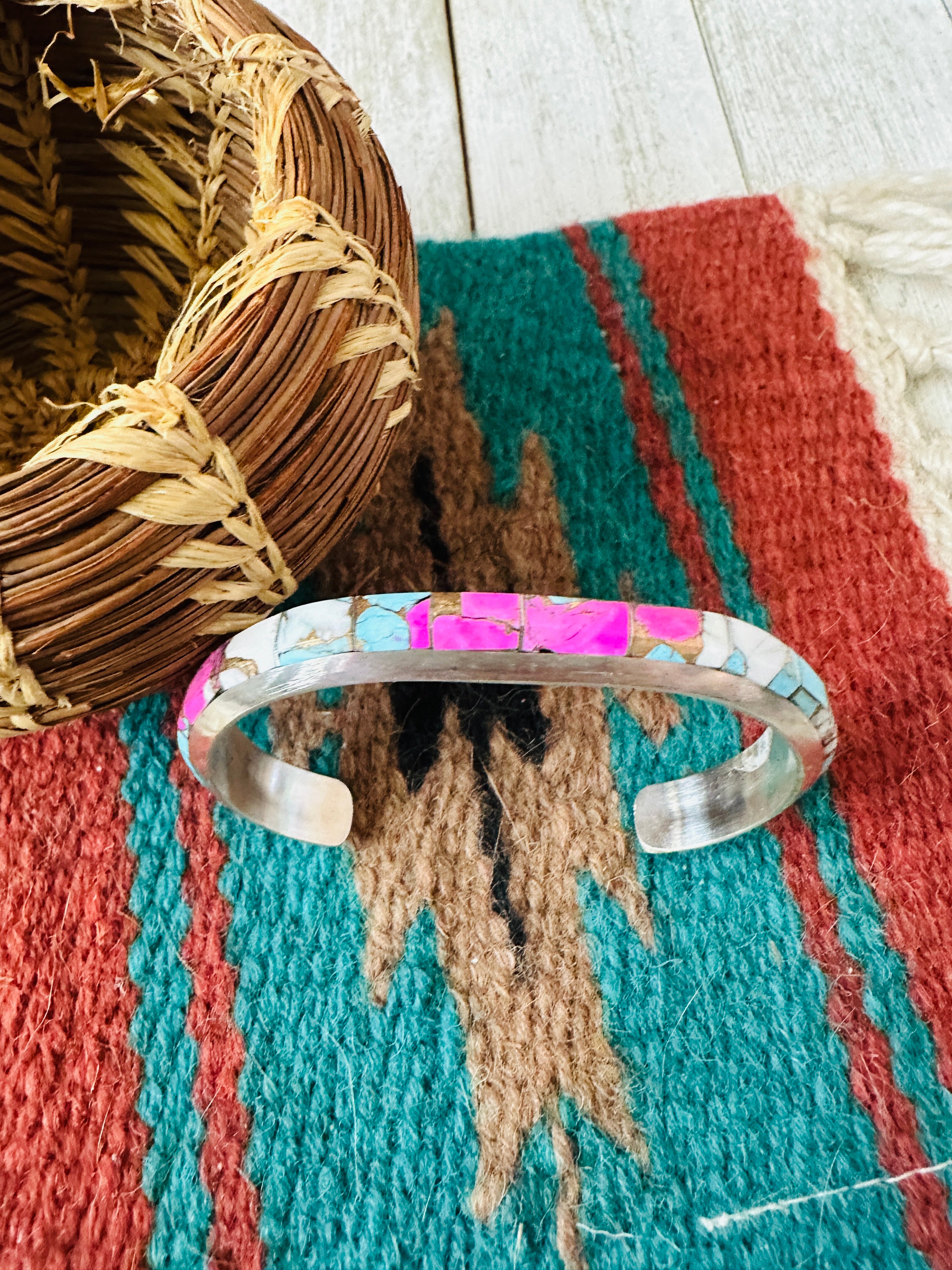 Handcrafted Cotton Candy & Sterling Silver Inlay Cuff Bracelet