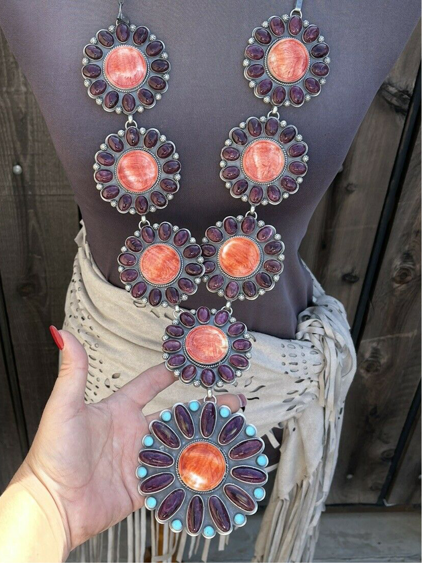 Handcrafted Stunning Sterling Silver, Carved Spiny Oyster and Turquoise Necklace by Gilbert Platero