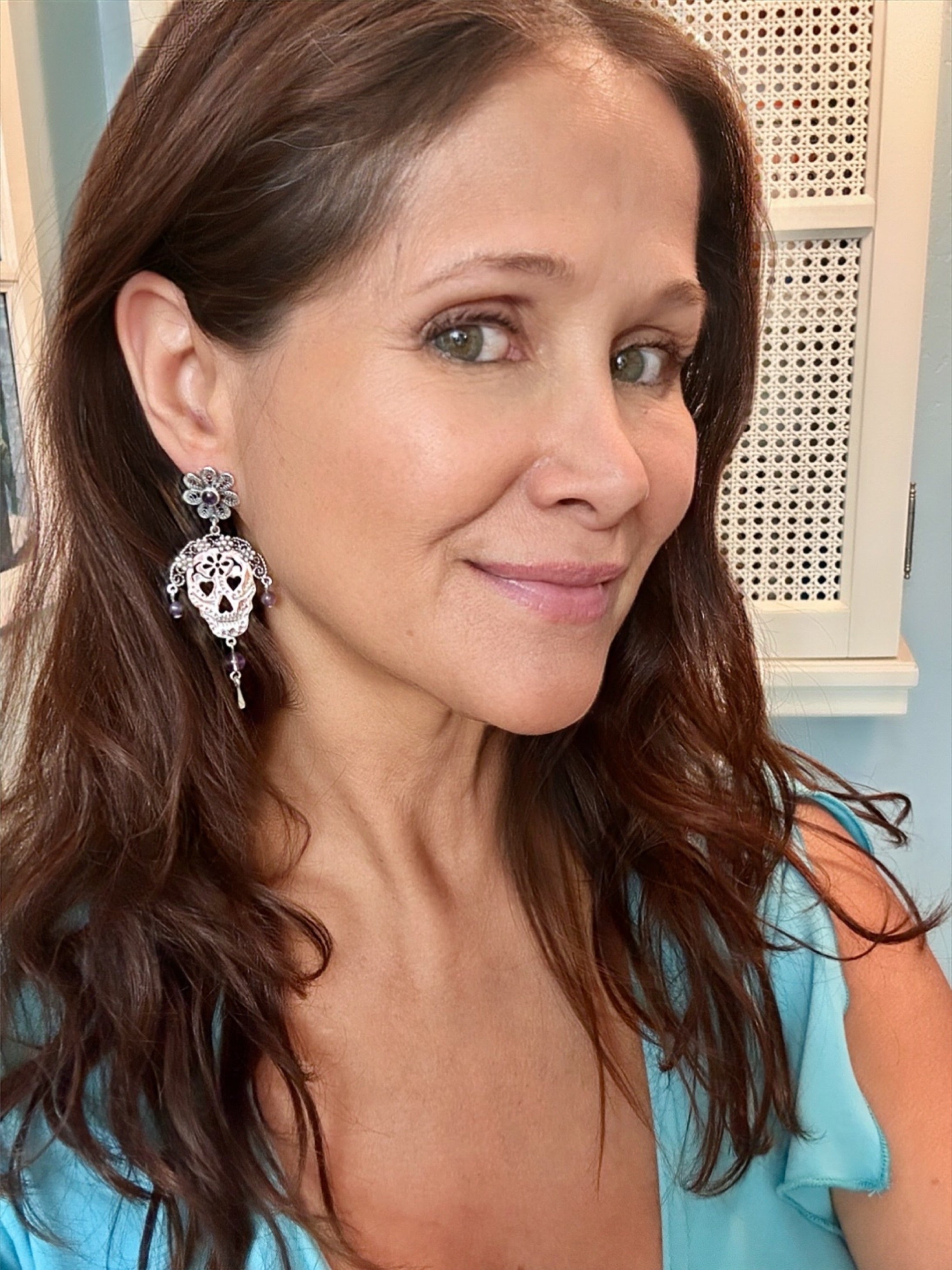 Sugar Skull with Purple Amethyst Sterling Silver Earrings