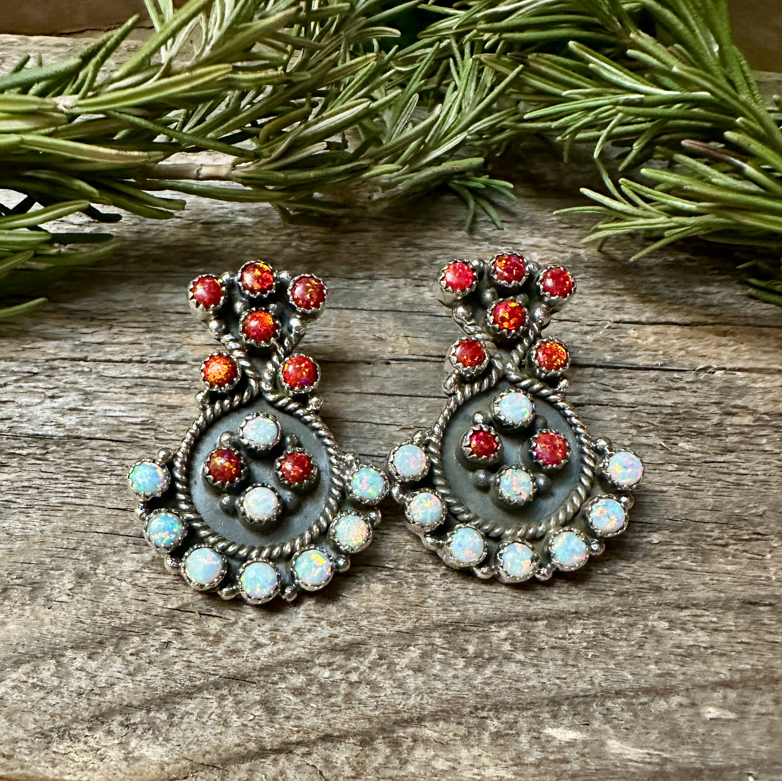 Handmade Red & White Fire Opal Sterling Silver Post Earrings