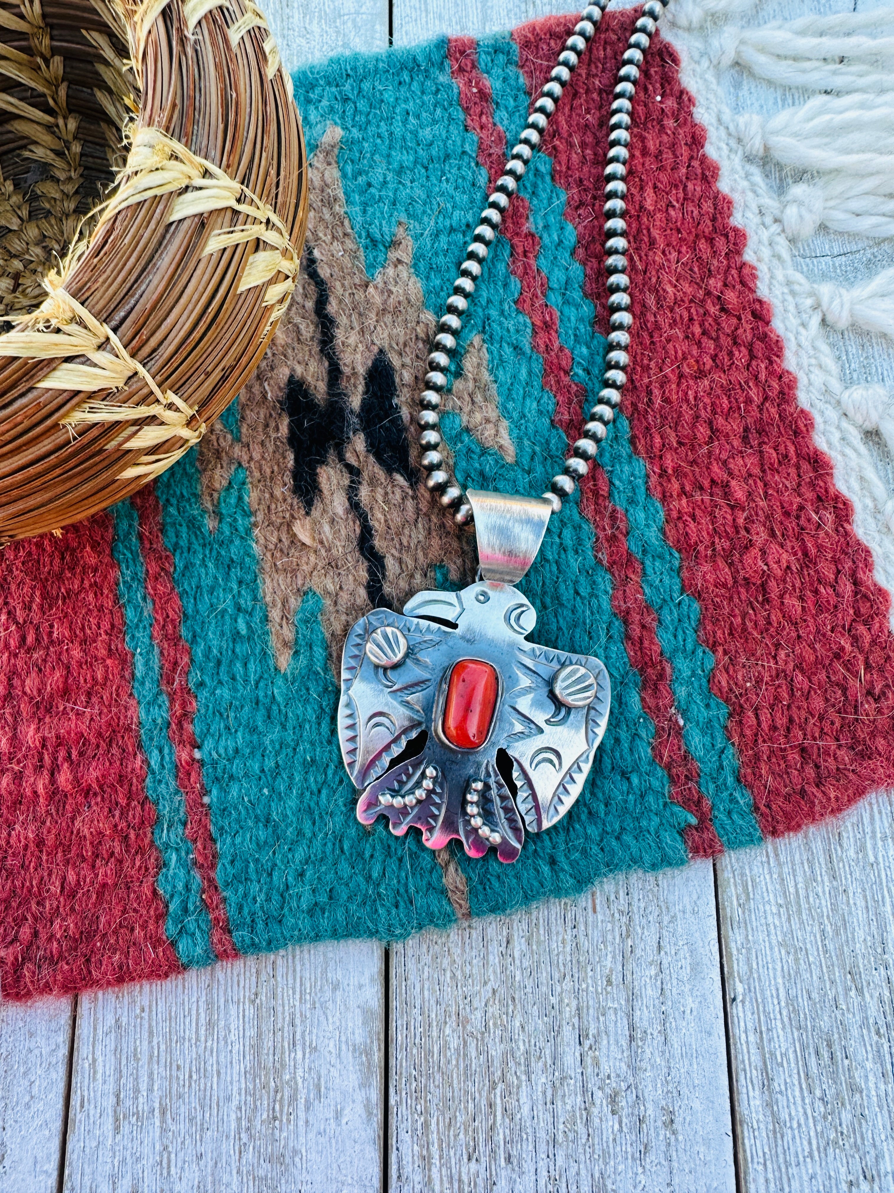Handcrafted Sterling Silver & Coral Thunderbird Pendant by Chimney Butte