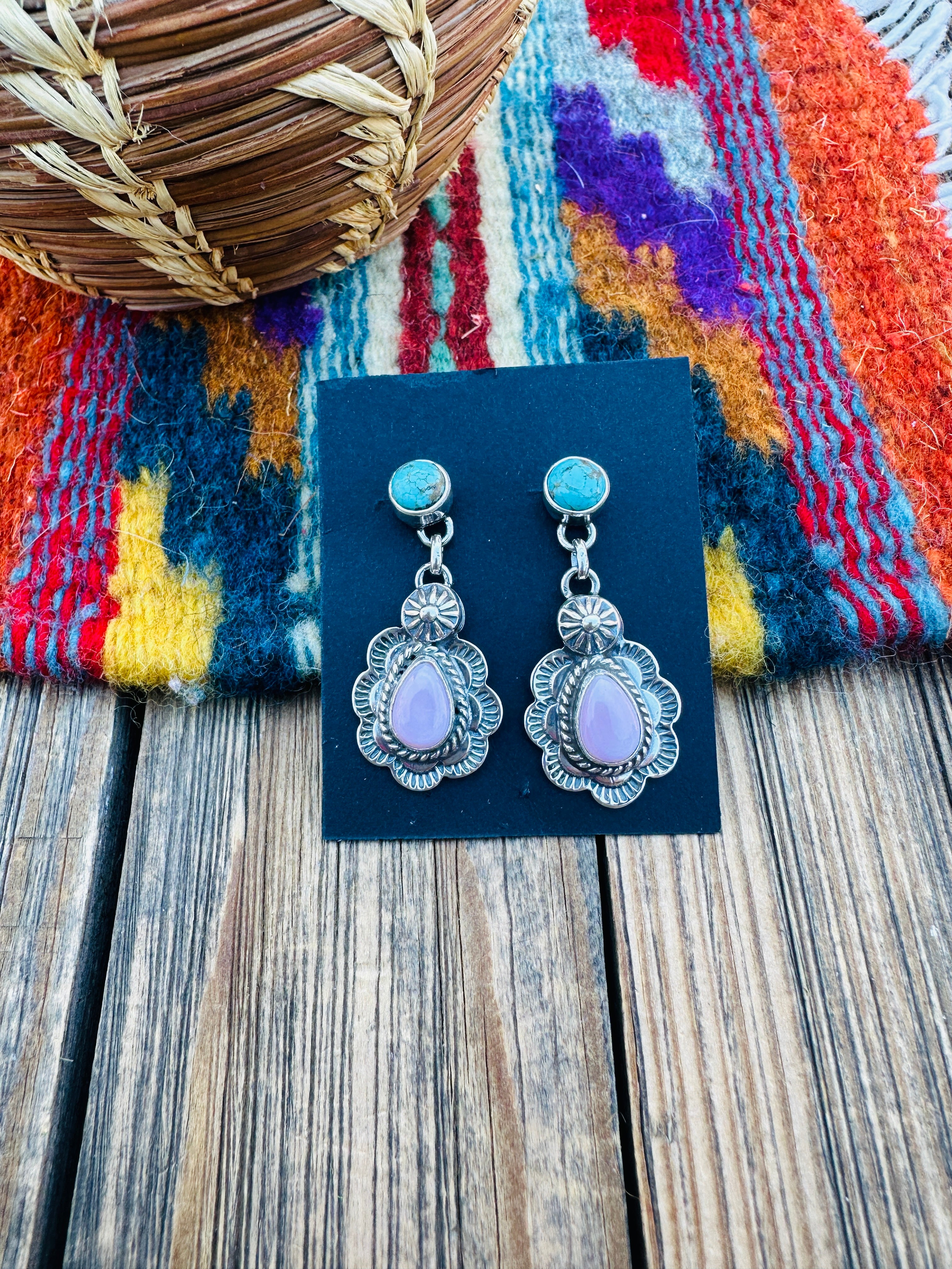 Handcrafted Sterling Silver, Turquoise & Queen Pink Conch Dangle Earrings