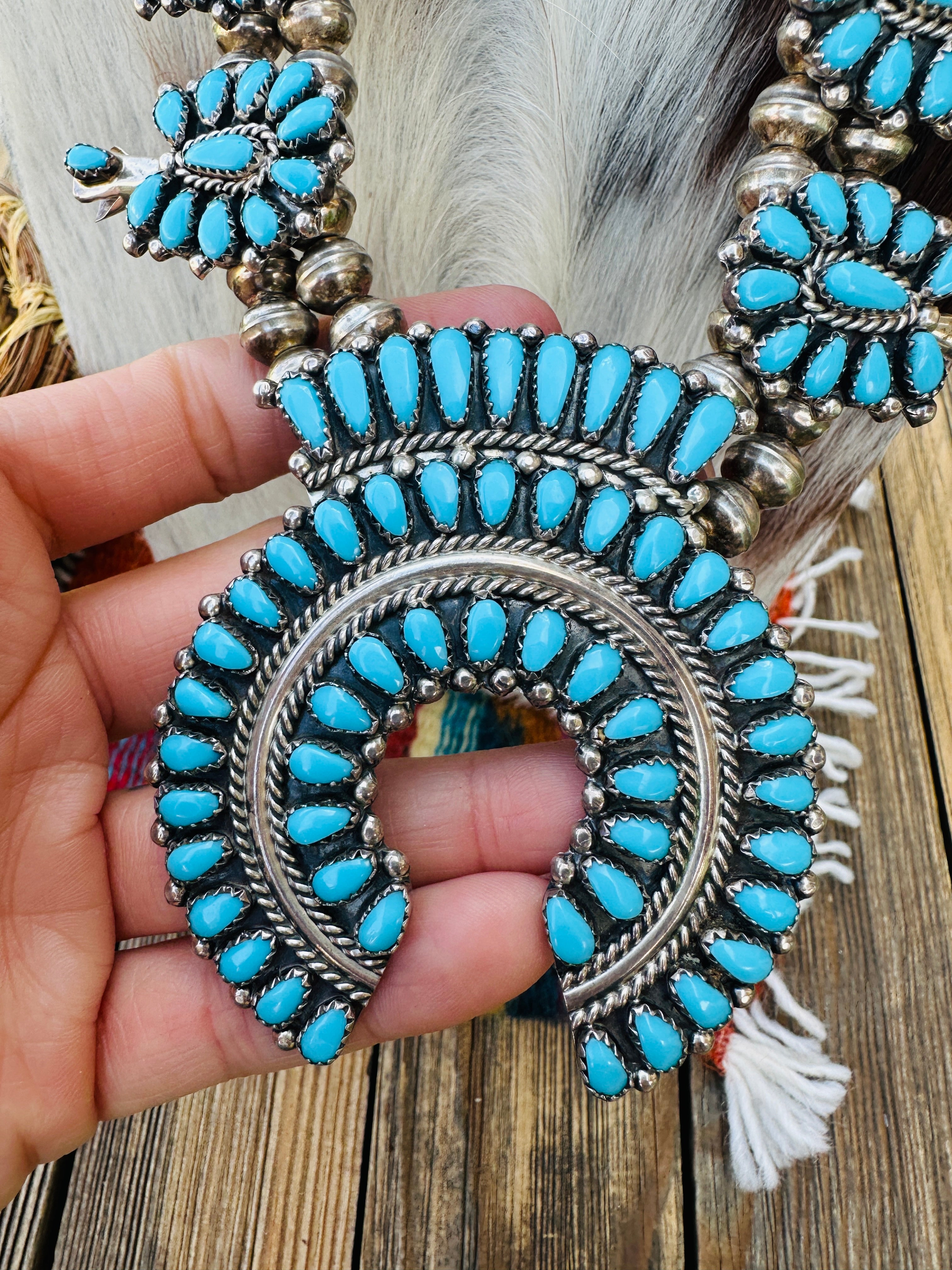Old Pawn Handcrafted Turquoise & Sterling Silver Beaded Squash Blossom Necklace
