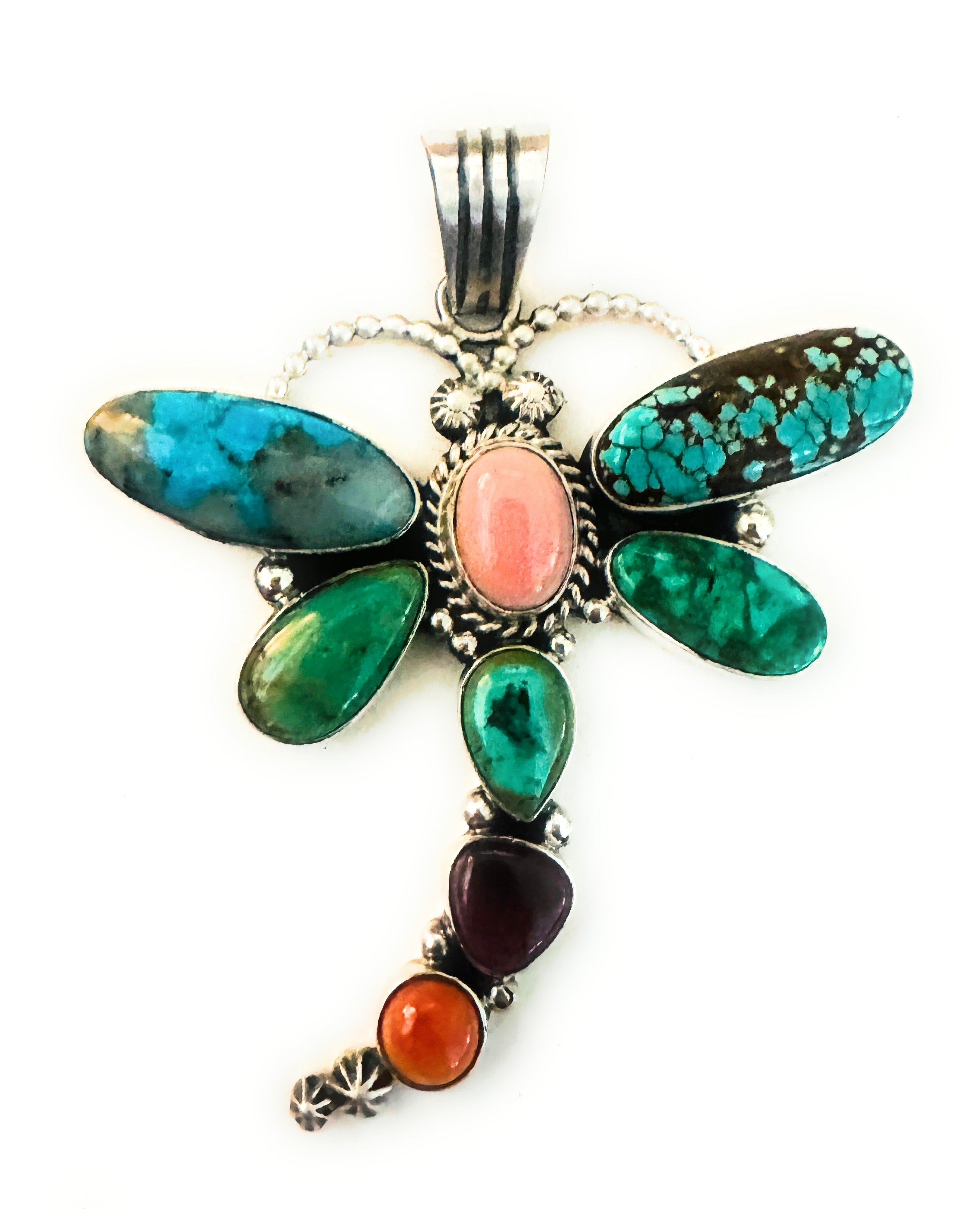 Handcrafted Multi Stone & Sterling Silver Dragonfly Pendant