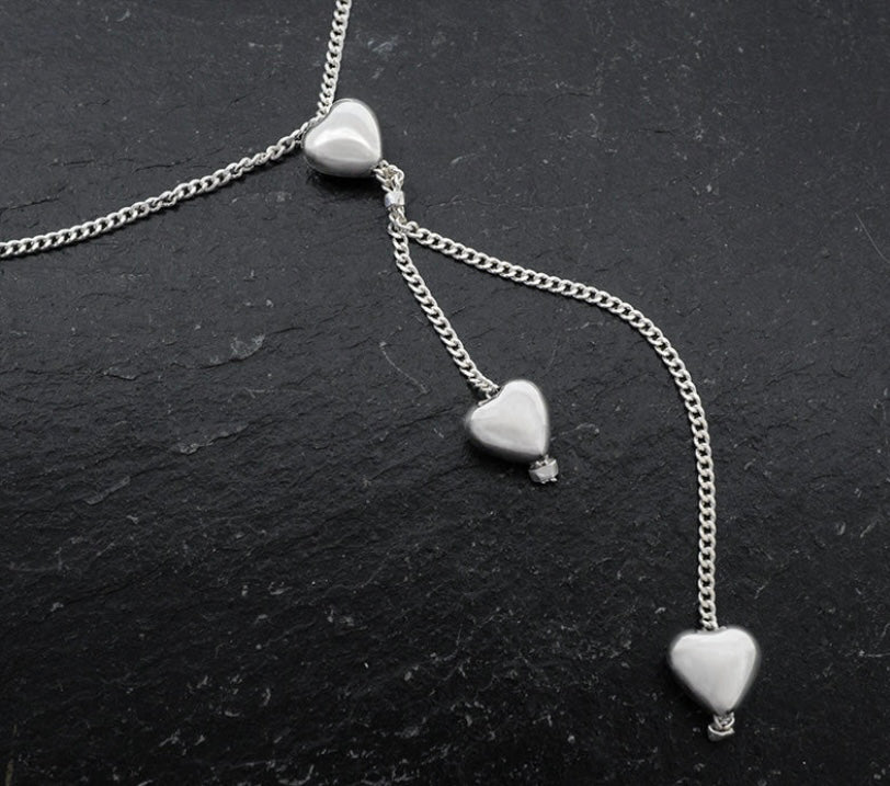 Puffed Hearts Lariat Sterling Silver Necklace