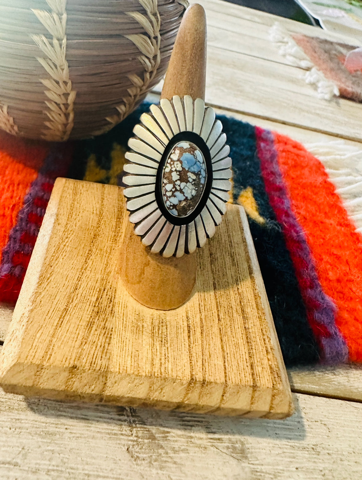 Navajo Golden Hills Turquoise & Sterling Silver Shadowbox Ring Size 6