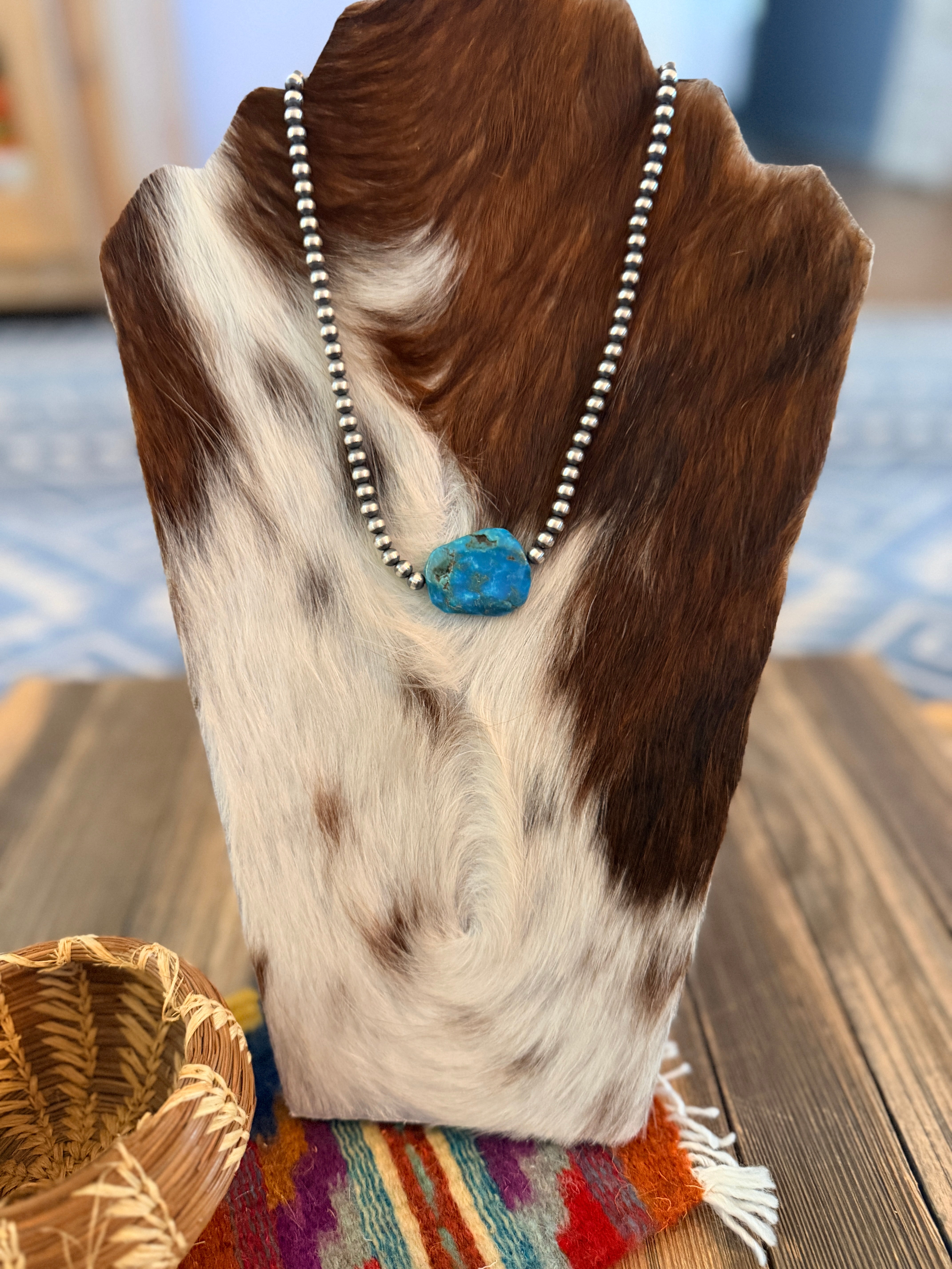 Handcrafted Kingman Turquoise & Sterling Silver Pearl 18” Beaded Necklace