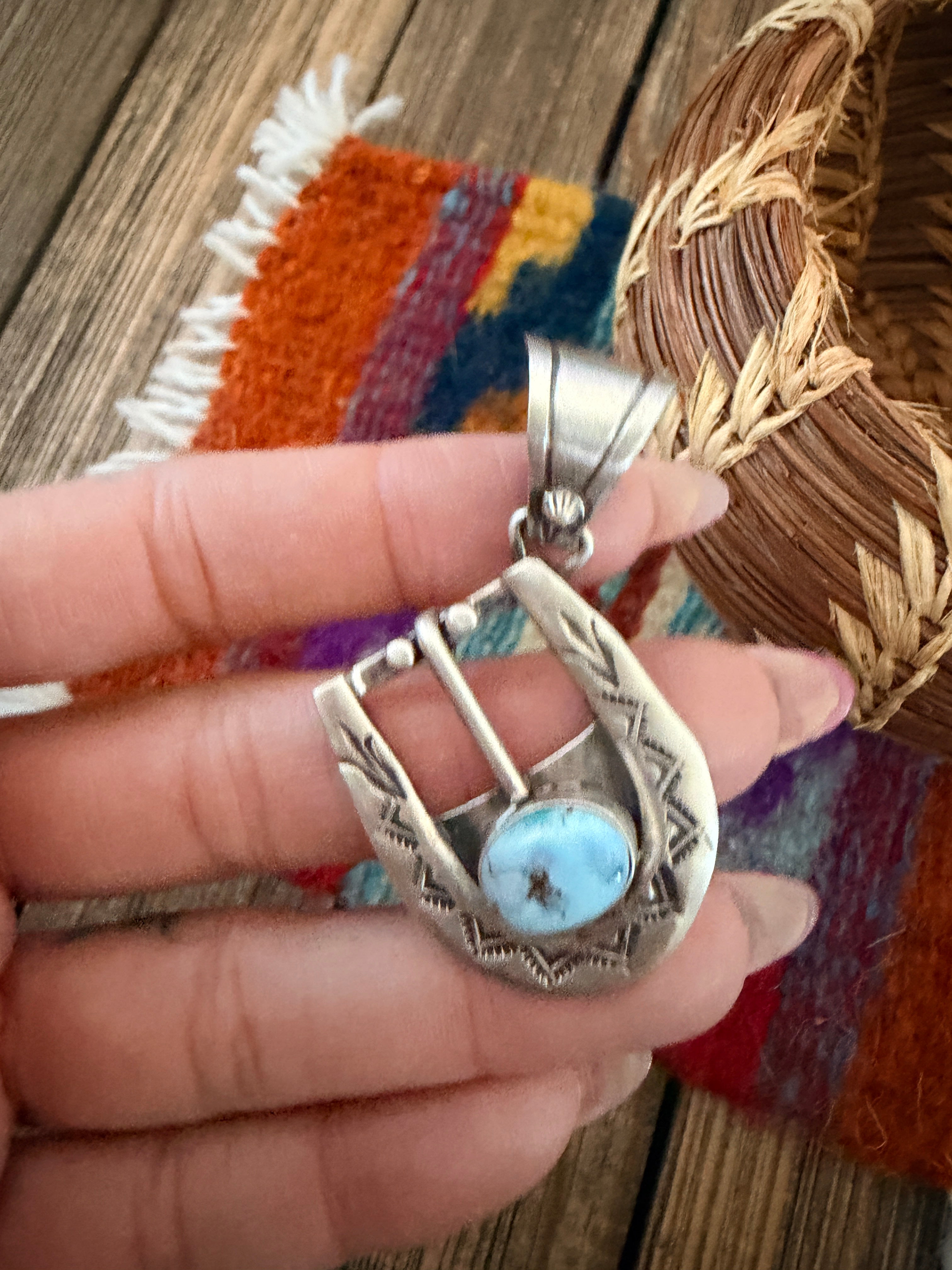 Handcrafted Sterling Silver & Turquoise Belt Buckle Pendant by Leroy James