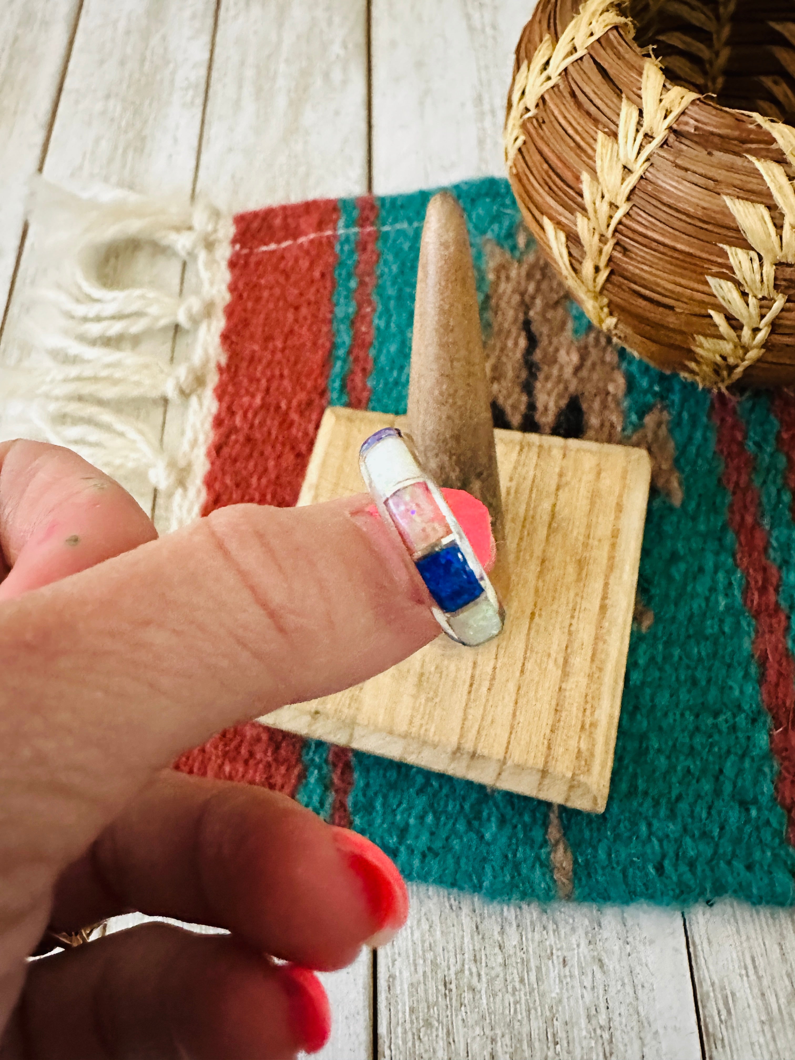 Handcrafted Sterling Silver & Multicolor Opal Inlay Band Ring Size 7.25