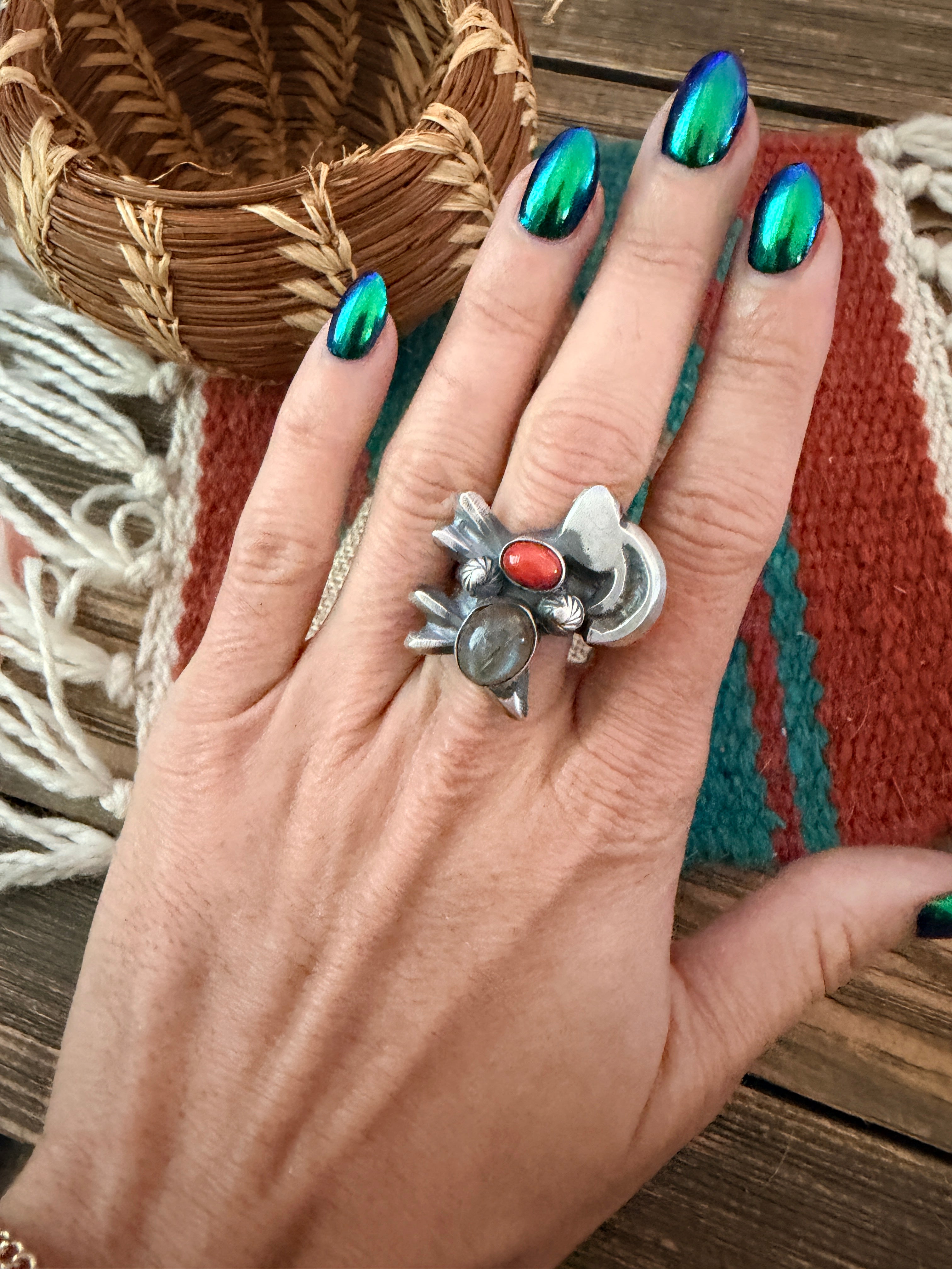 Handcrafted Coral, Moonstone and Sterling Silver Goat Ring size 6 by Chimney Butte