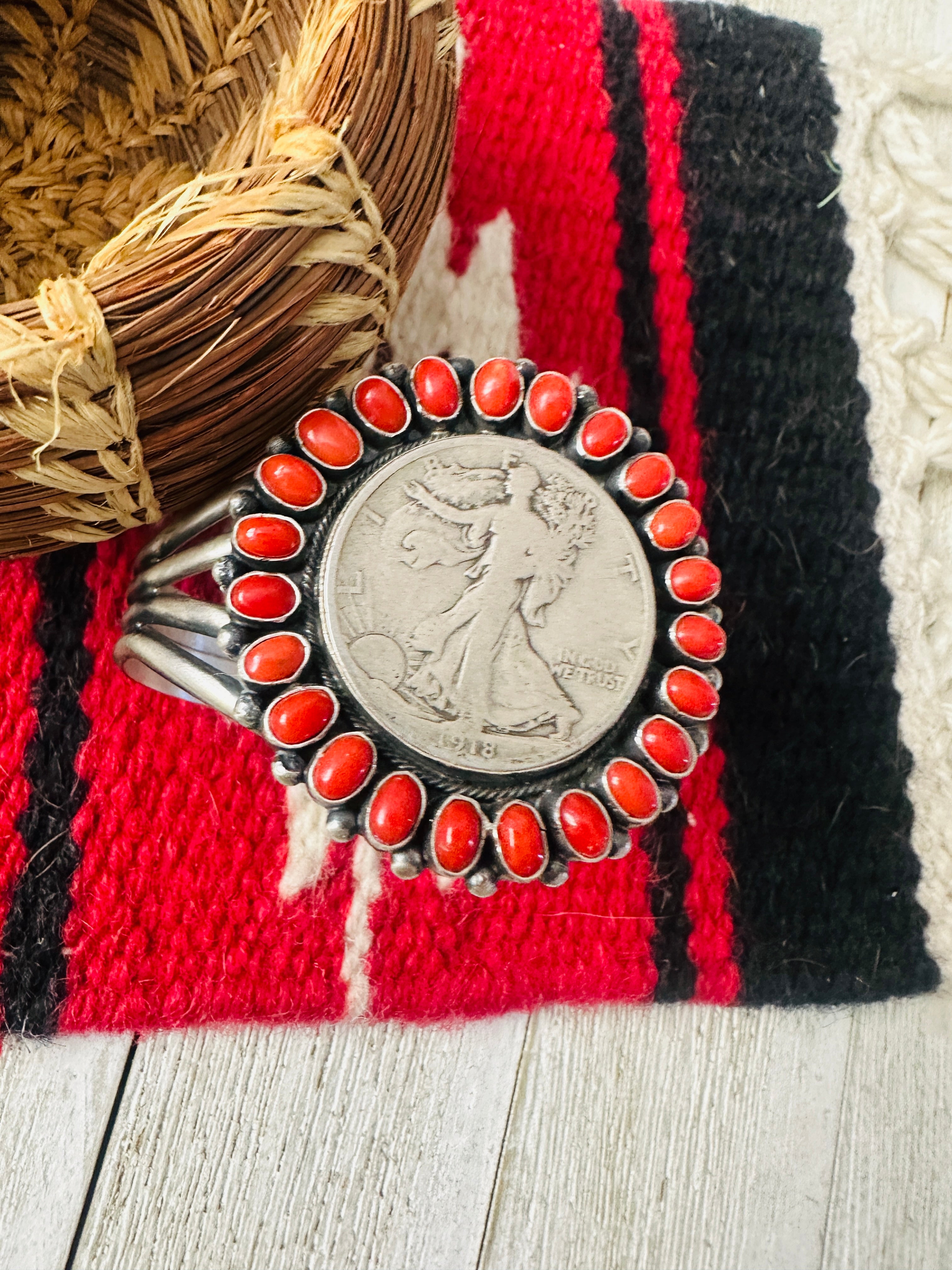 Handcrafted Coral & Sterling Silver Liberty Coin Cuff Bracelet by Darrin Livingston