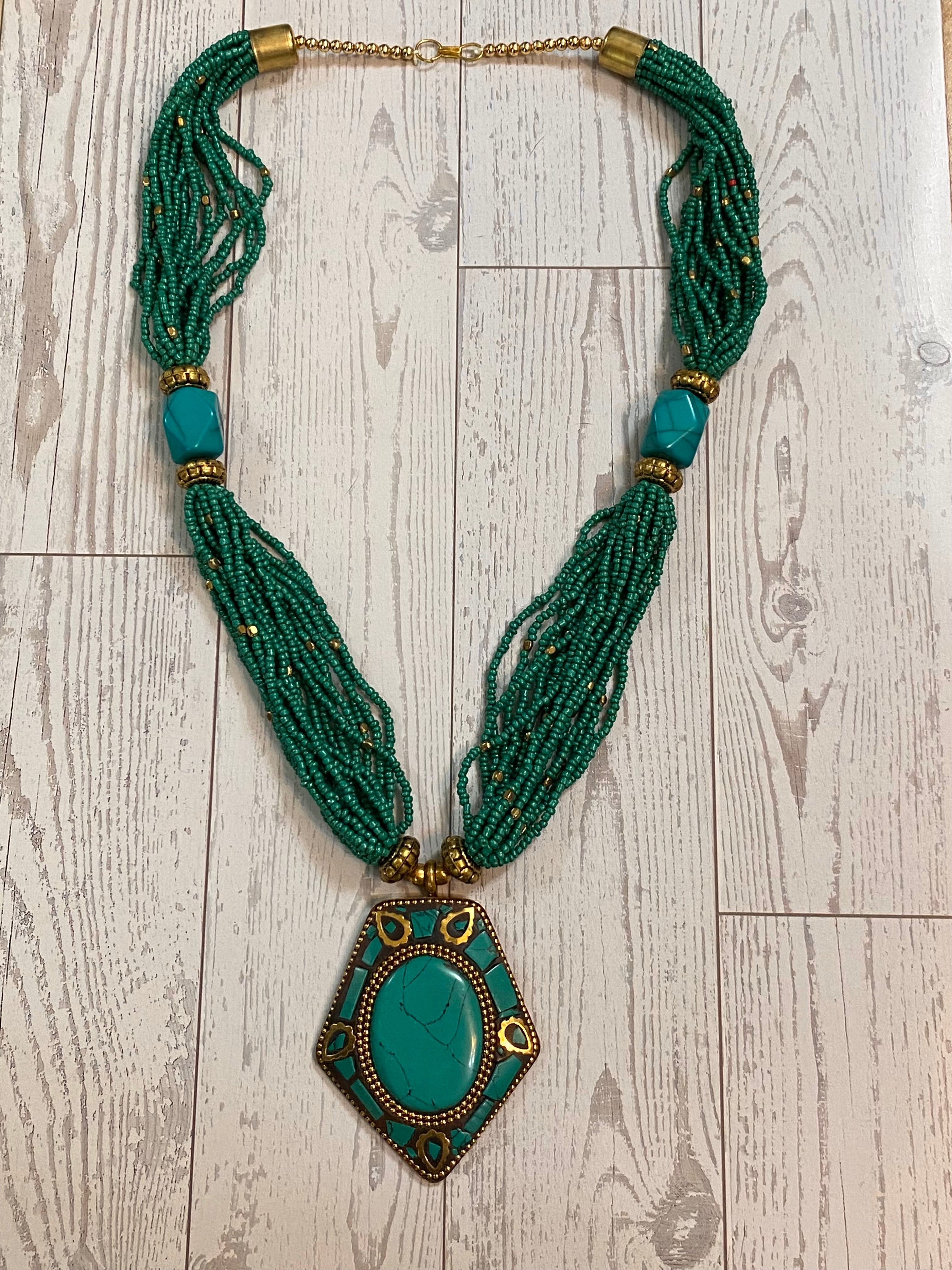 Gold Tone Bohemian Turquoise Colored Beaded Statement Necklace