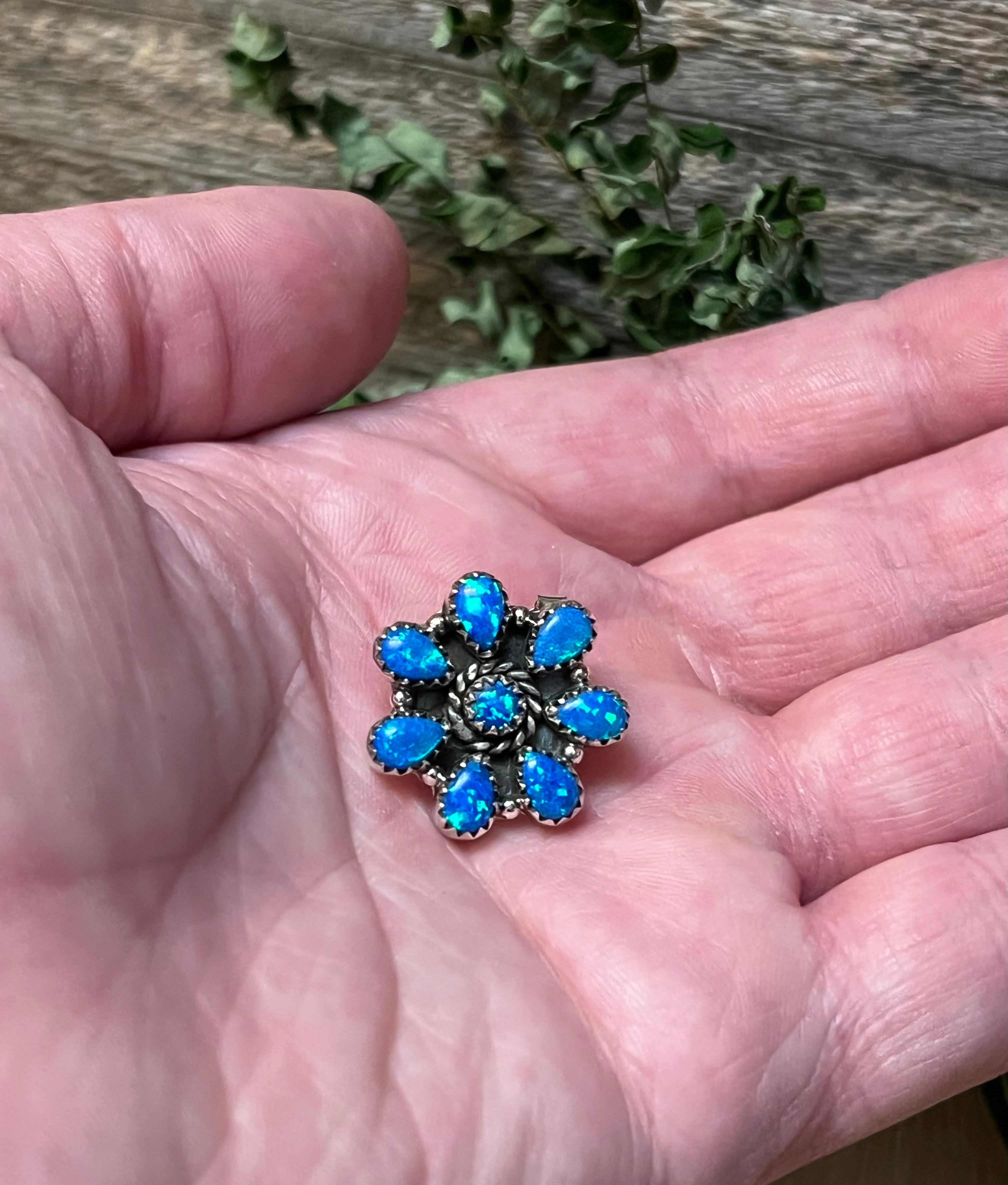 Handmade Blue Opal Flower Cluster & Sterling Silver Stud Earrings