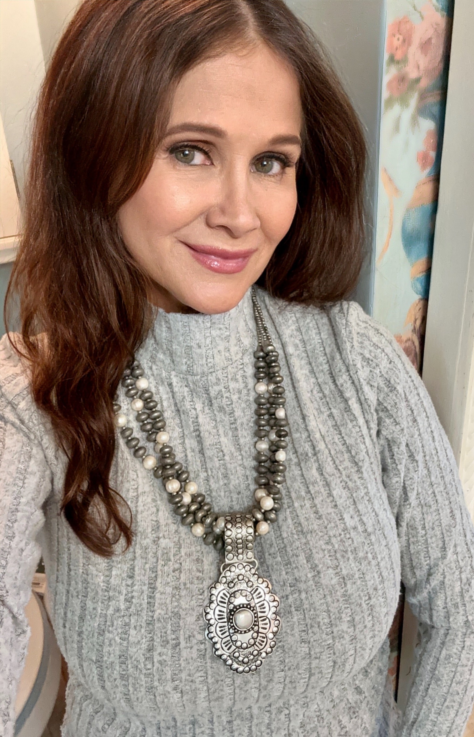 Silver-Plated Three Strand Brass Concho Pearl Necklace