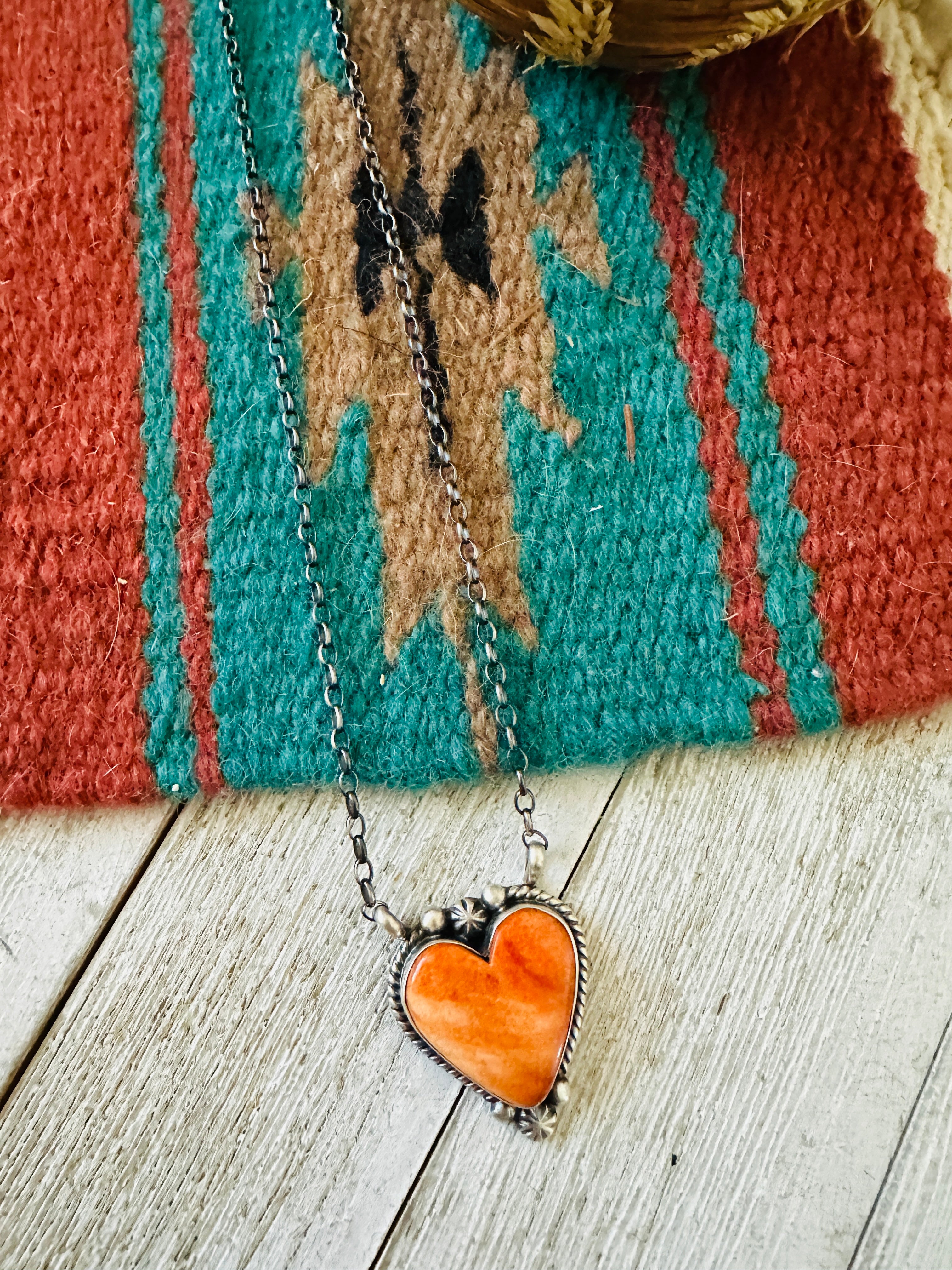 Handcrafted Sterling Silver & Orange Spiny Heart Necklace