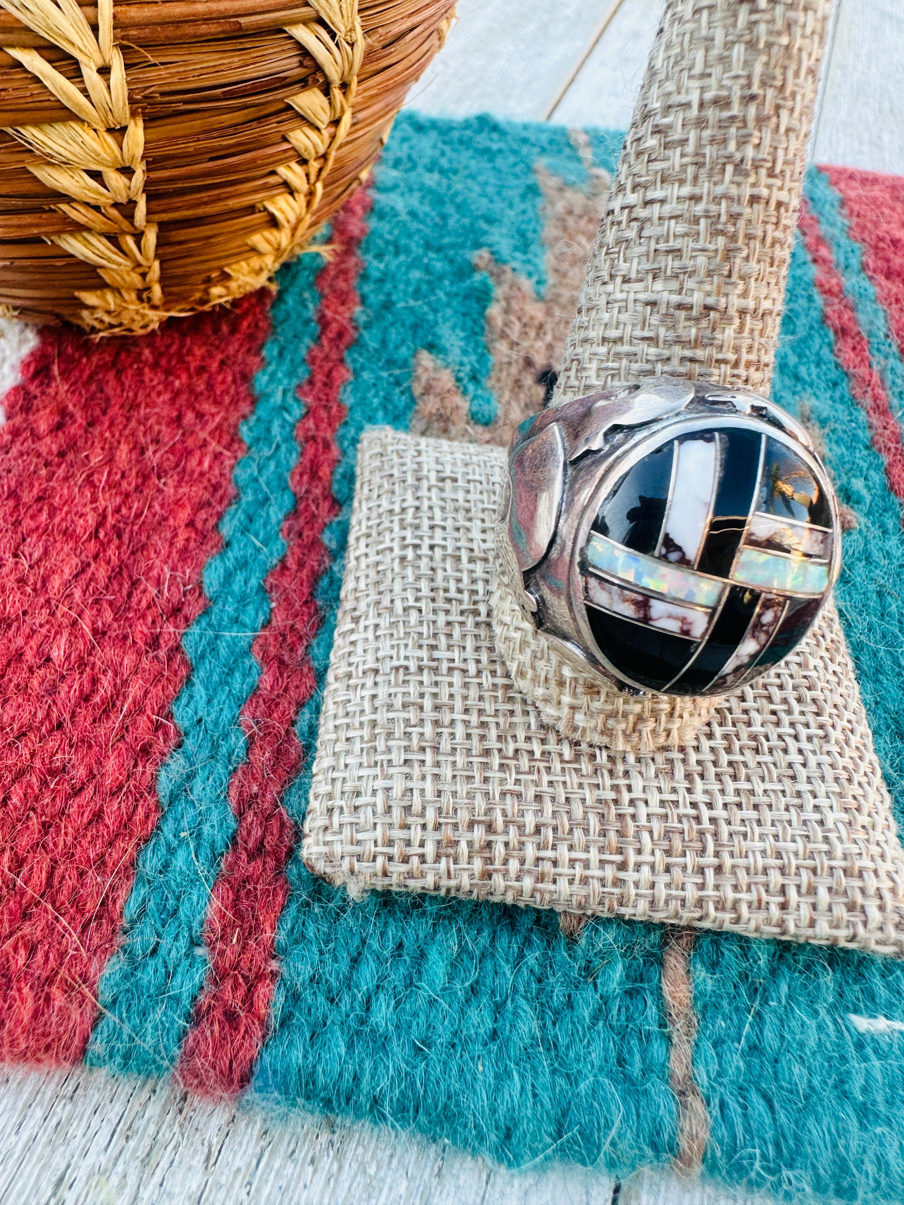 Old Pawn Handcrafted Multi Stone & Sterling Silver Inlay Ring Size 11.75