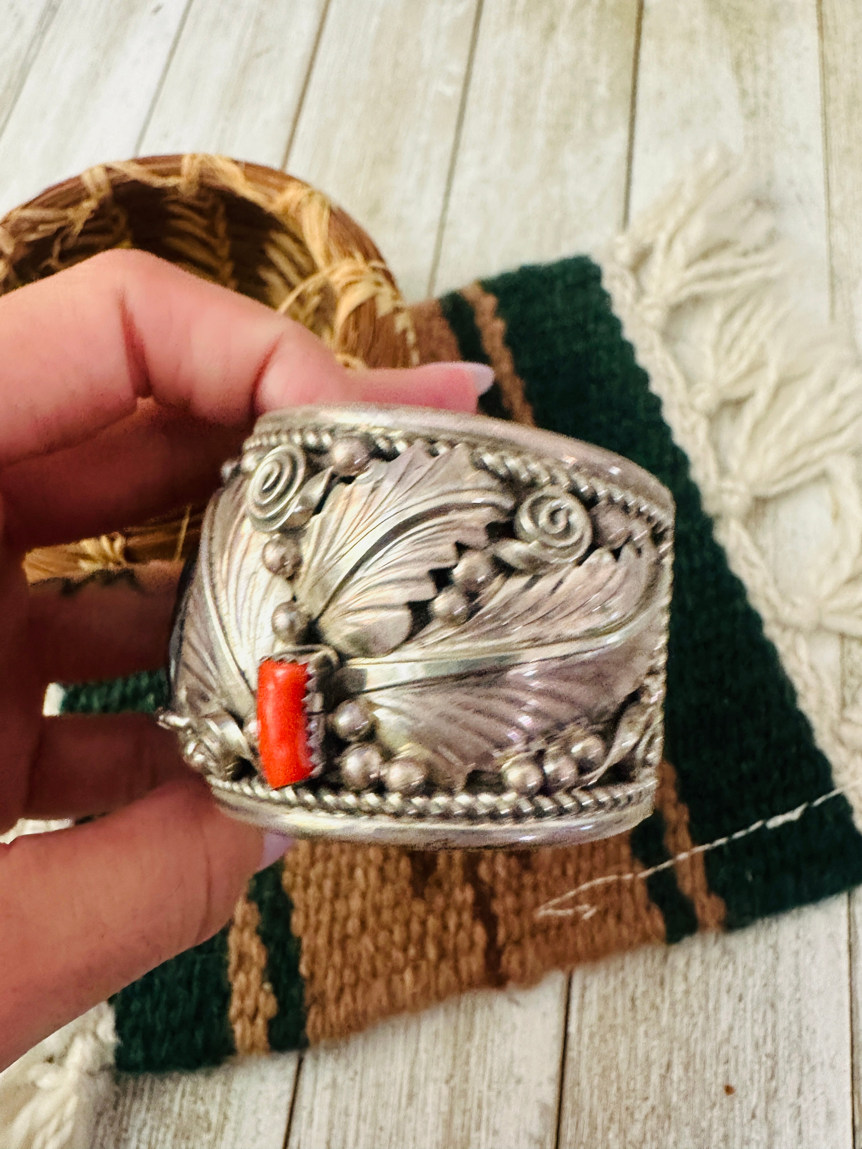 Handcrafted Old Pawn Turquoise, Coral & Sterling Silver Cuff Bracelet