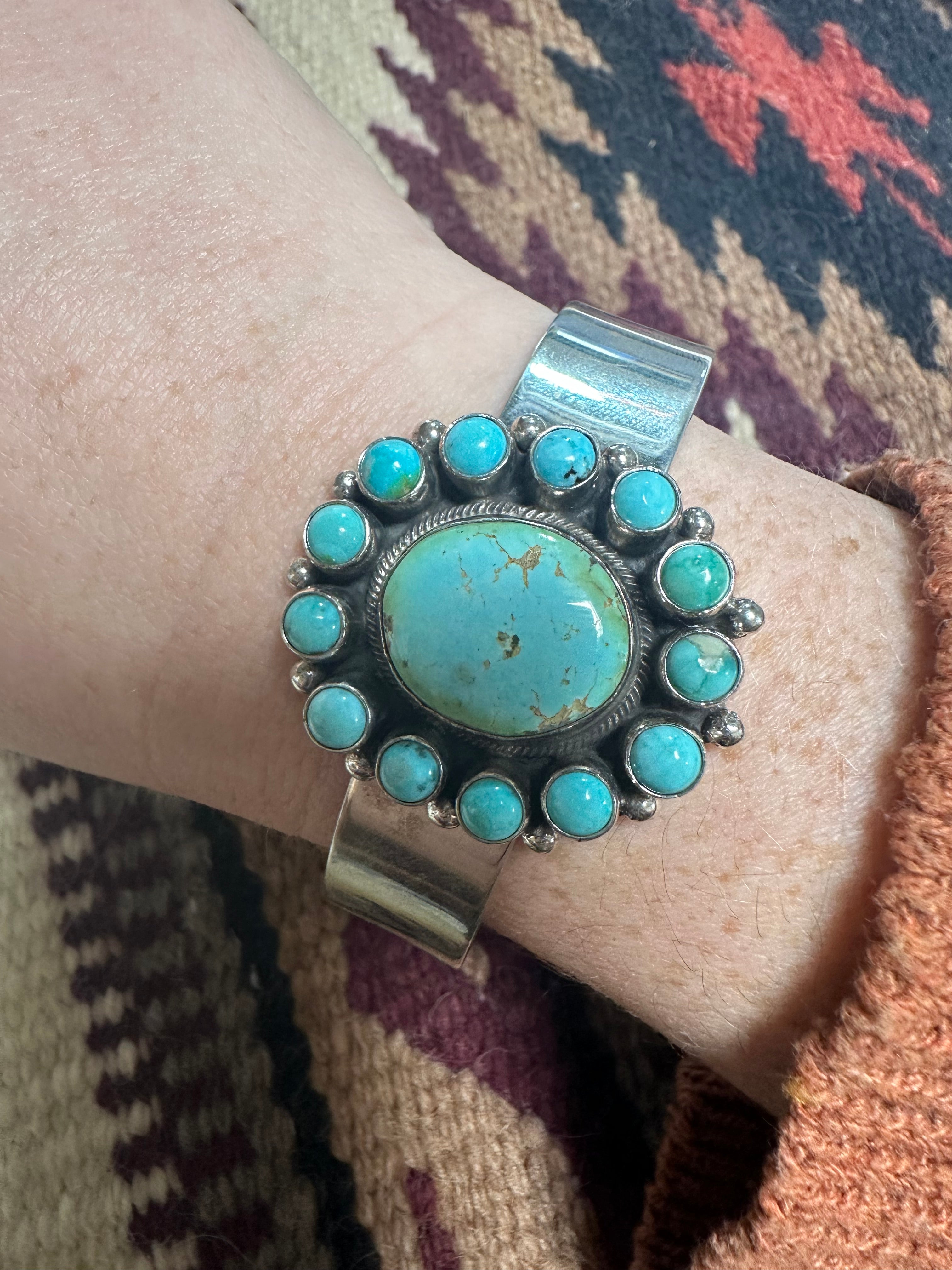 Beautiful B Johnson Navajo Sterling Turquoise Cluster Bracelet Cuff Signed /