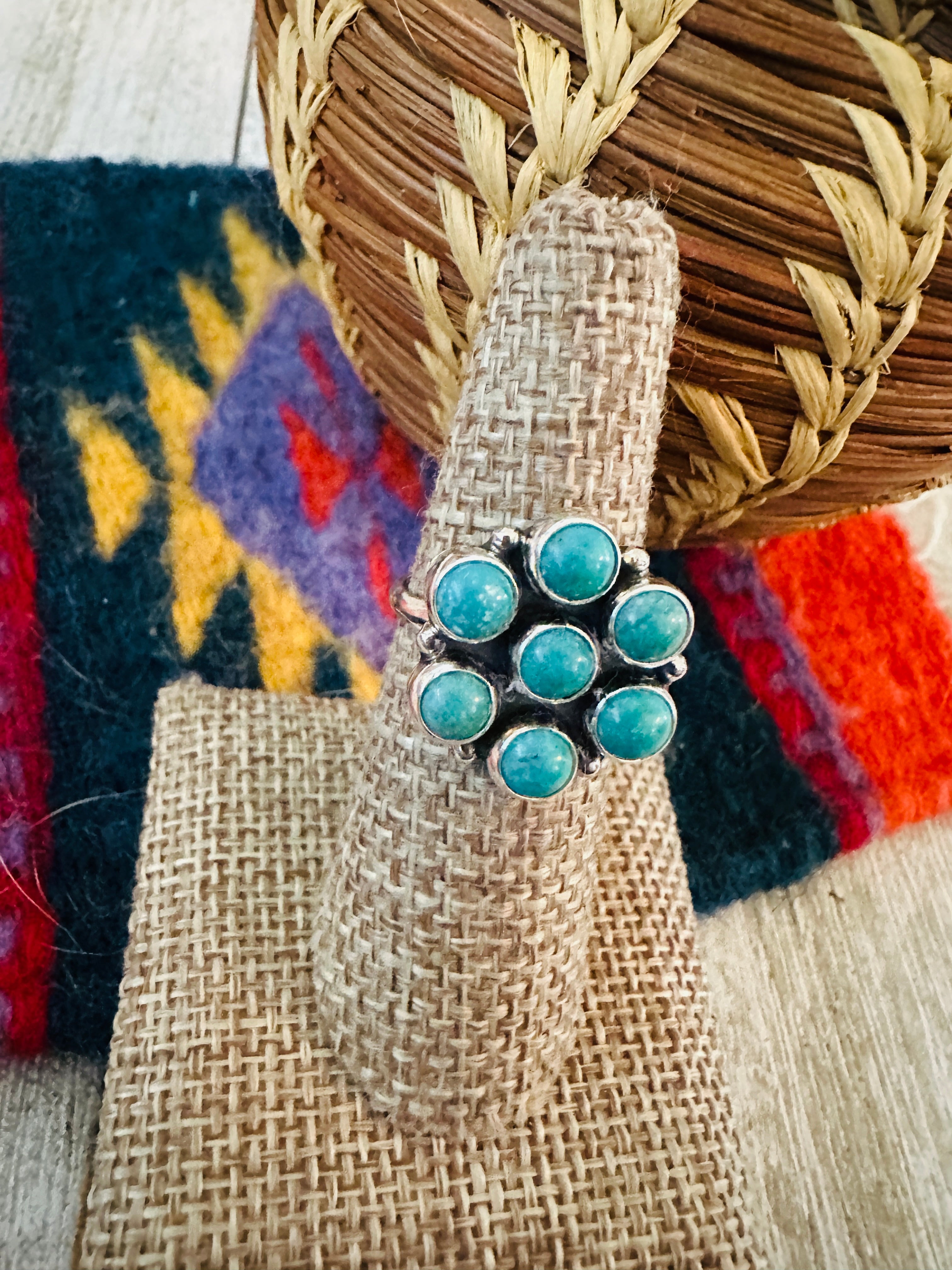 Handcrafted Turquoise & Sterling Silver Cluster Ring Size 6.5