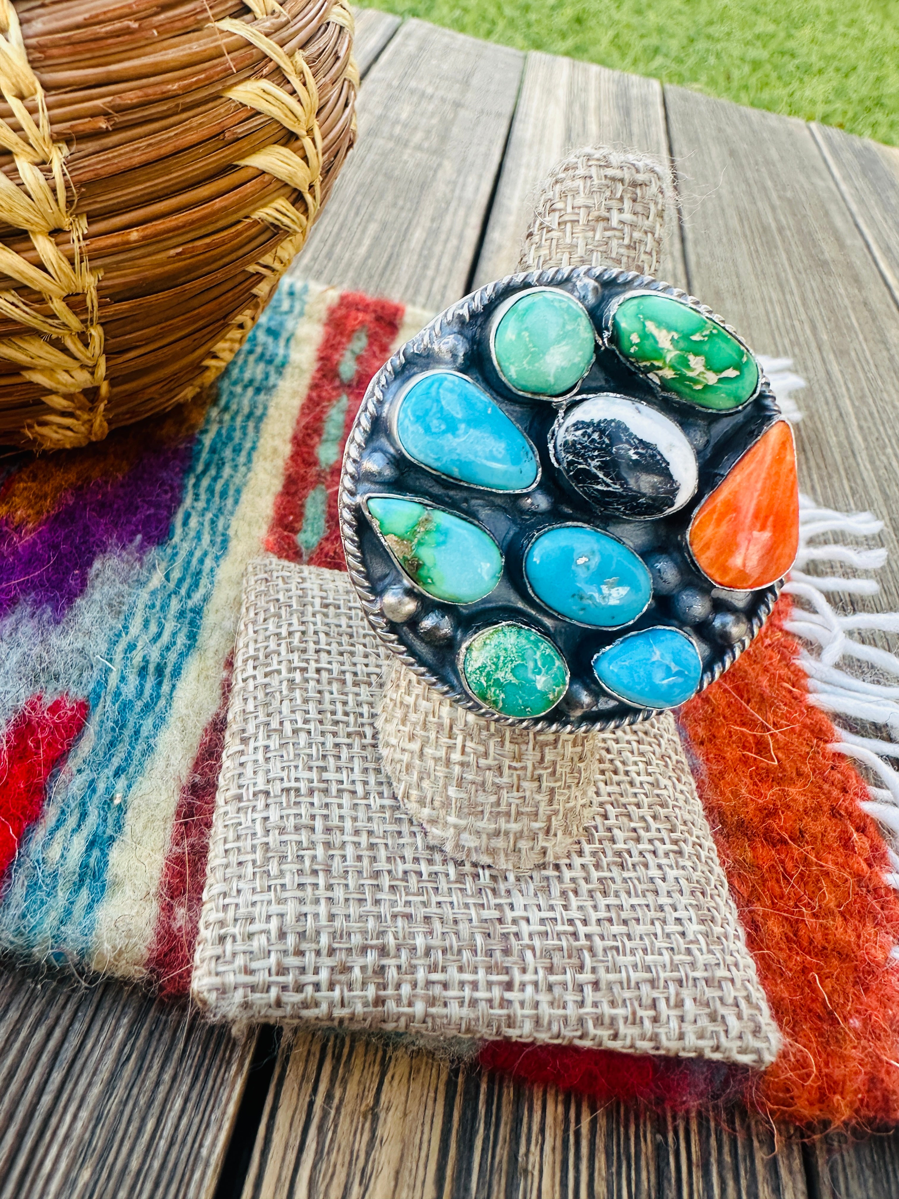 Handcrafted Sterling Silver & Multi Stone Cluster Adjustable Ring by Vicky Hicks