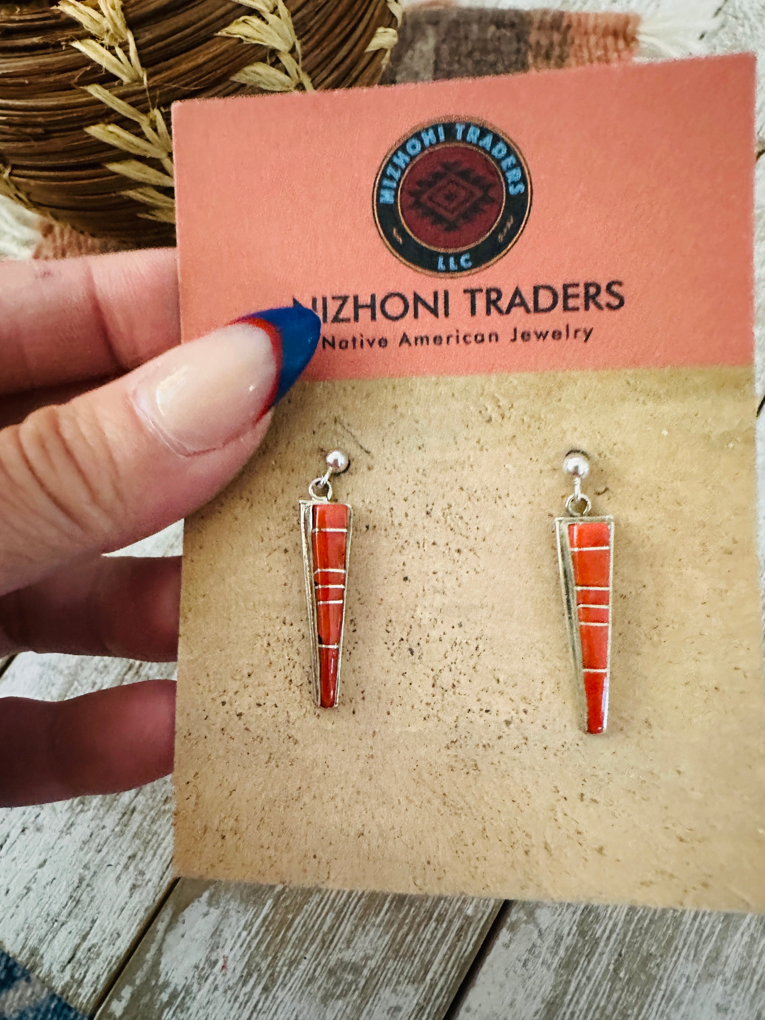 Handcrafted Sterling Silver & Coral Inlay Dangle Earrings