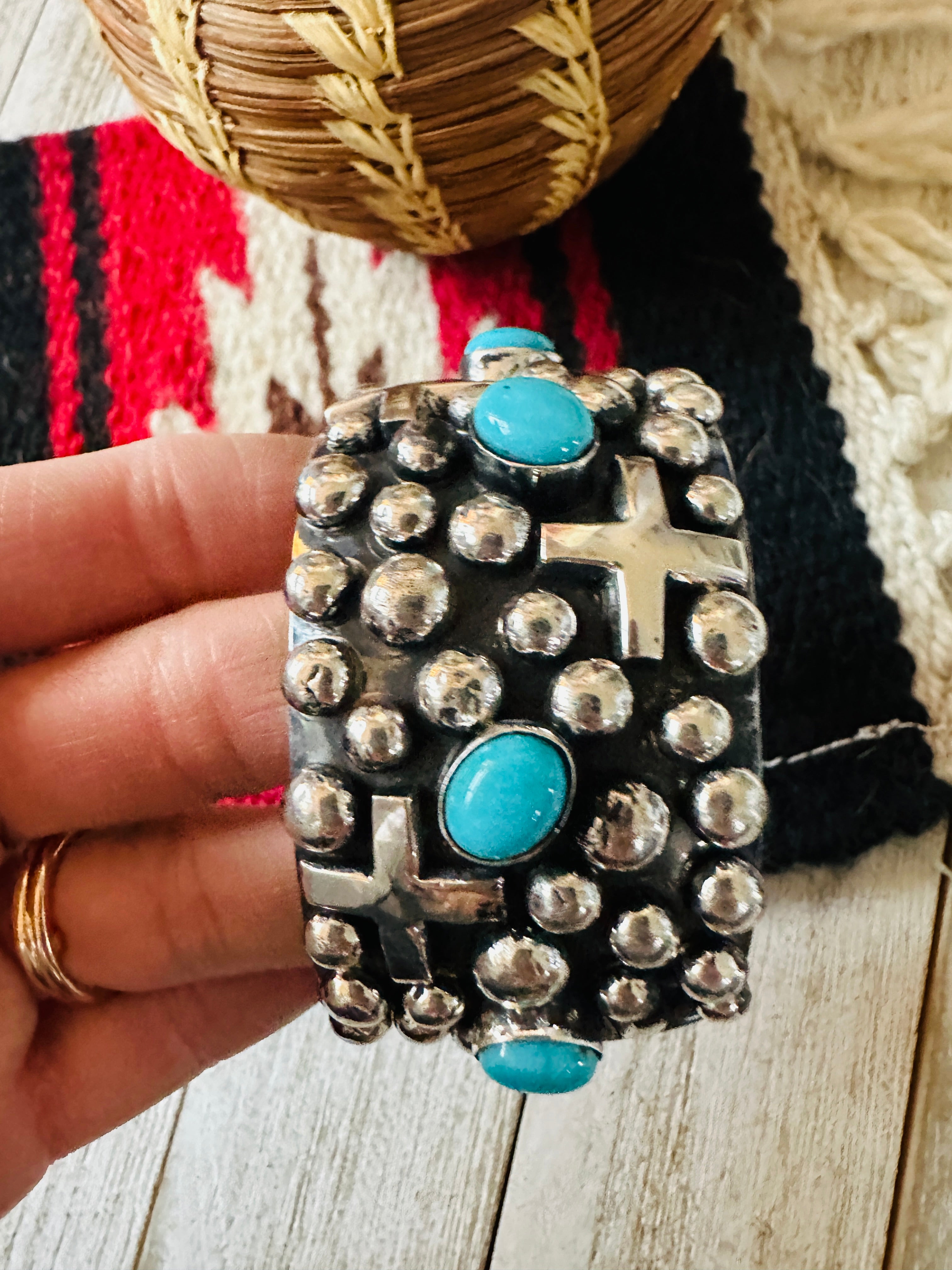 Navajo Turquoise & Sterling Silver Cross Cuff Bracelet By Chimney Butte /