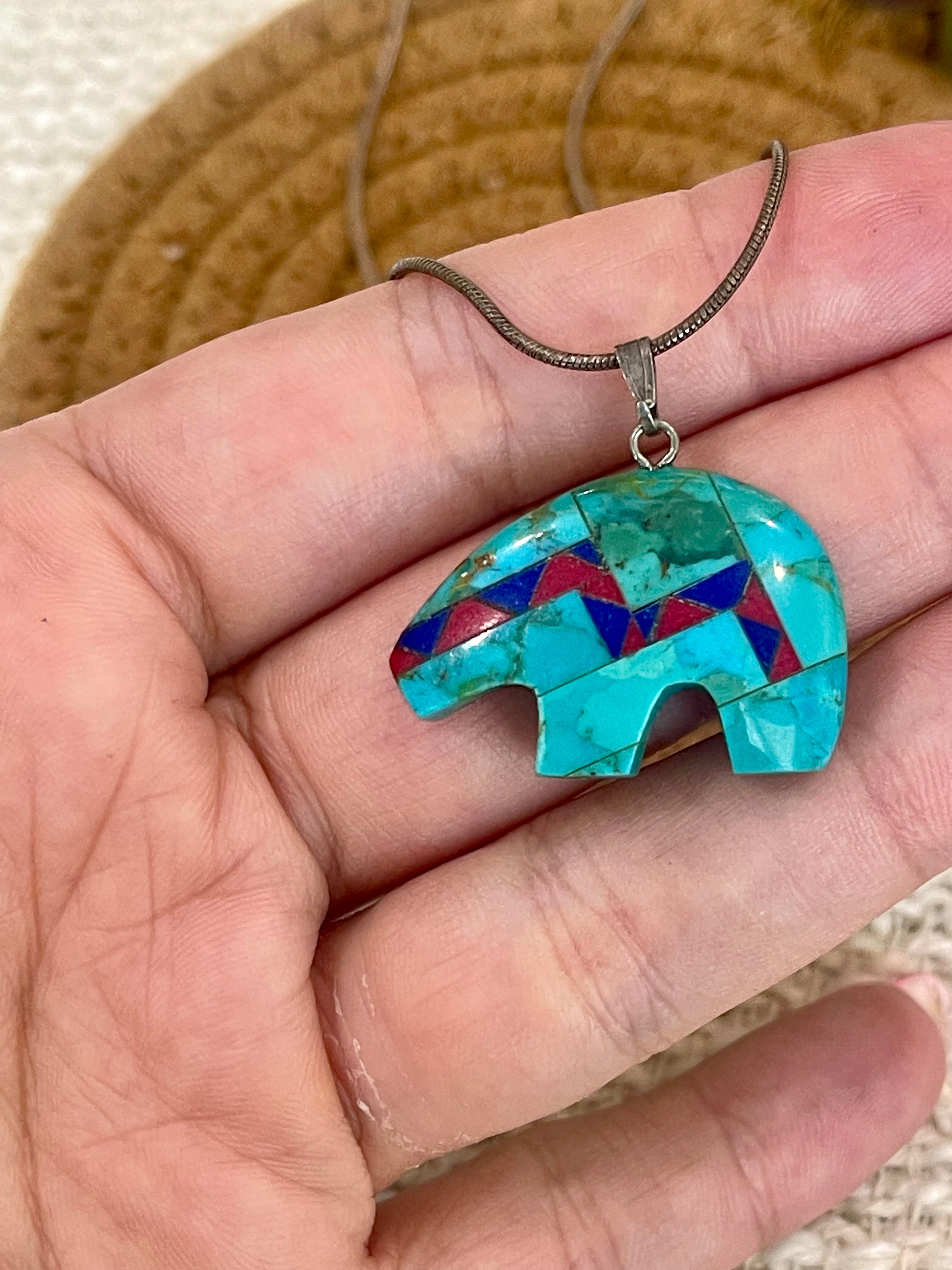 Vintage Old Pawn Turquoise & Multi Stone Bear and Sterling Silver Necklace