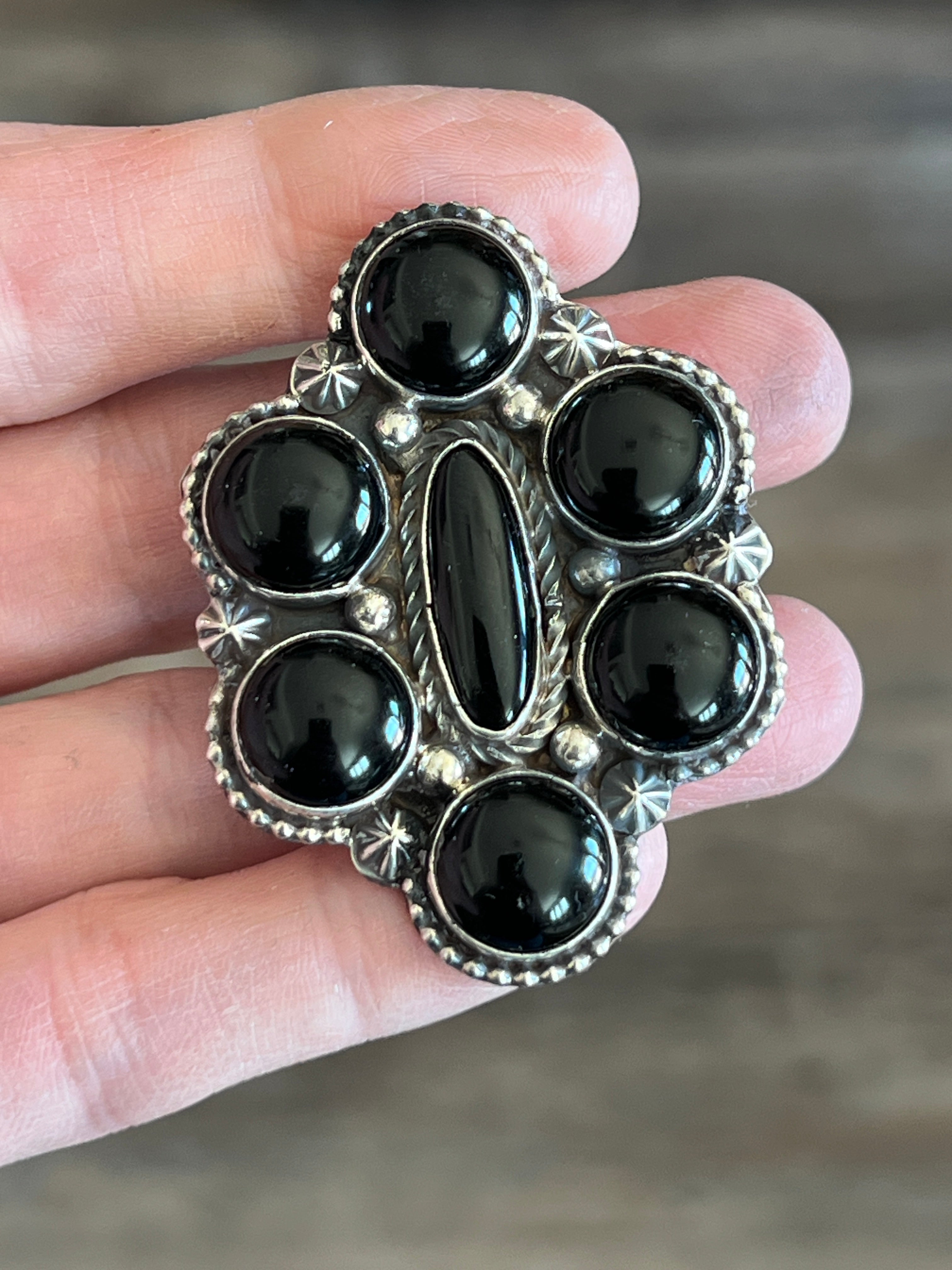 Handcrafted Sterling Silver and Black Onyx Cluster Ring by Rosella Paxson, Size 9