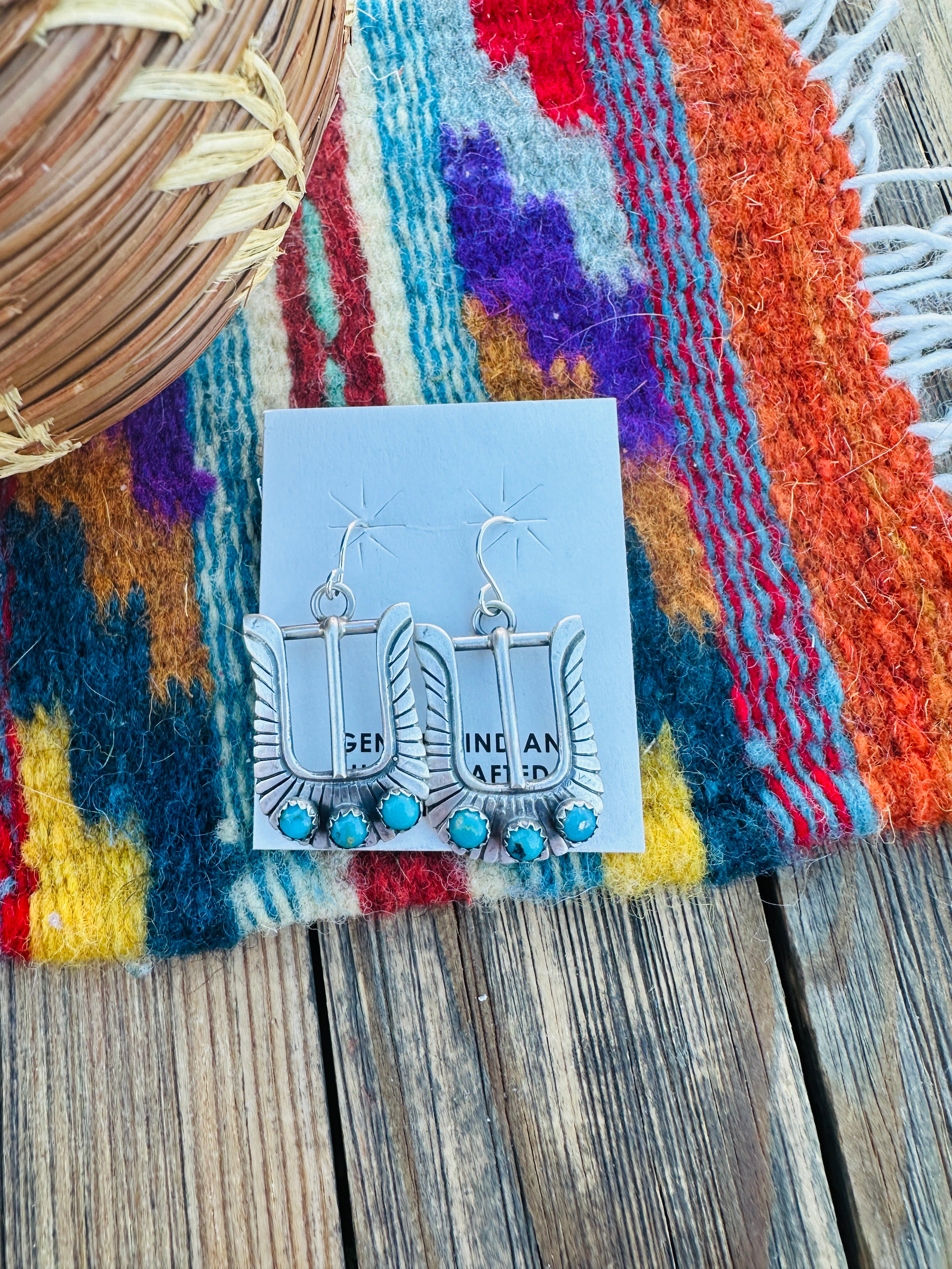 Handcrafted Turquoise & Sterling Silver Belt Buckle Dangle Earrings by Leroy James