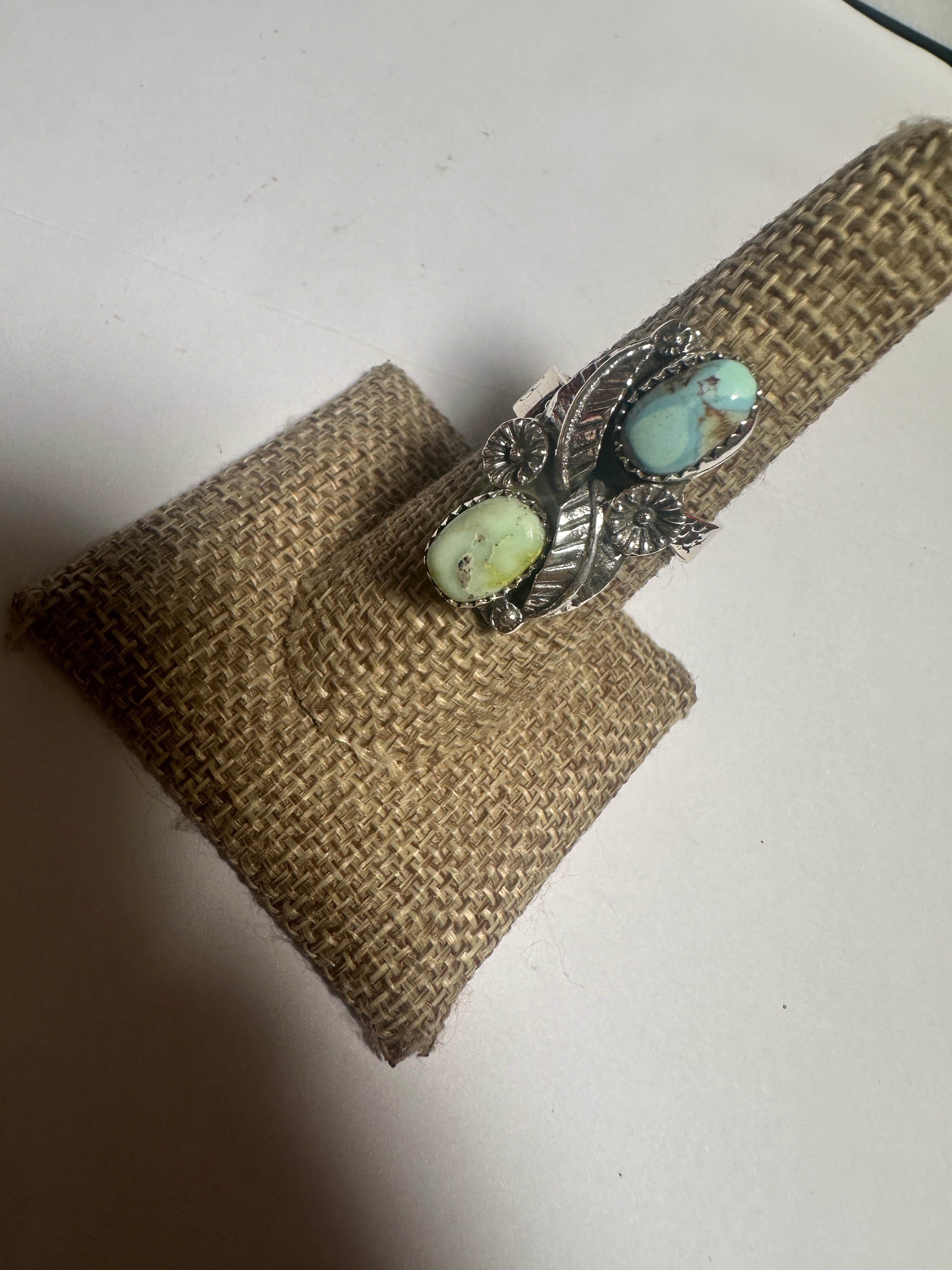 Beautiful Handmade Palomino Turquoise And Sterling Silver Adjustable 2 Stone Flower Leaf Ring