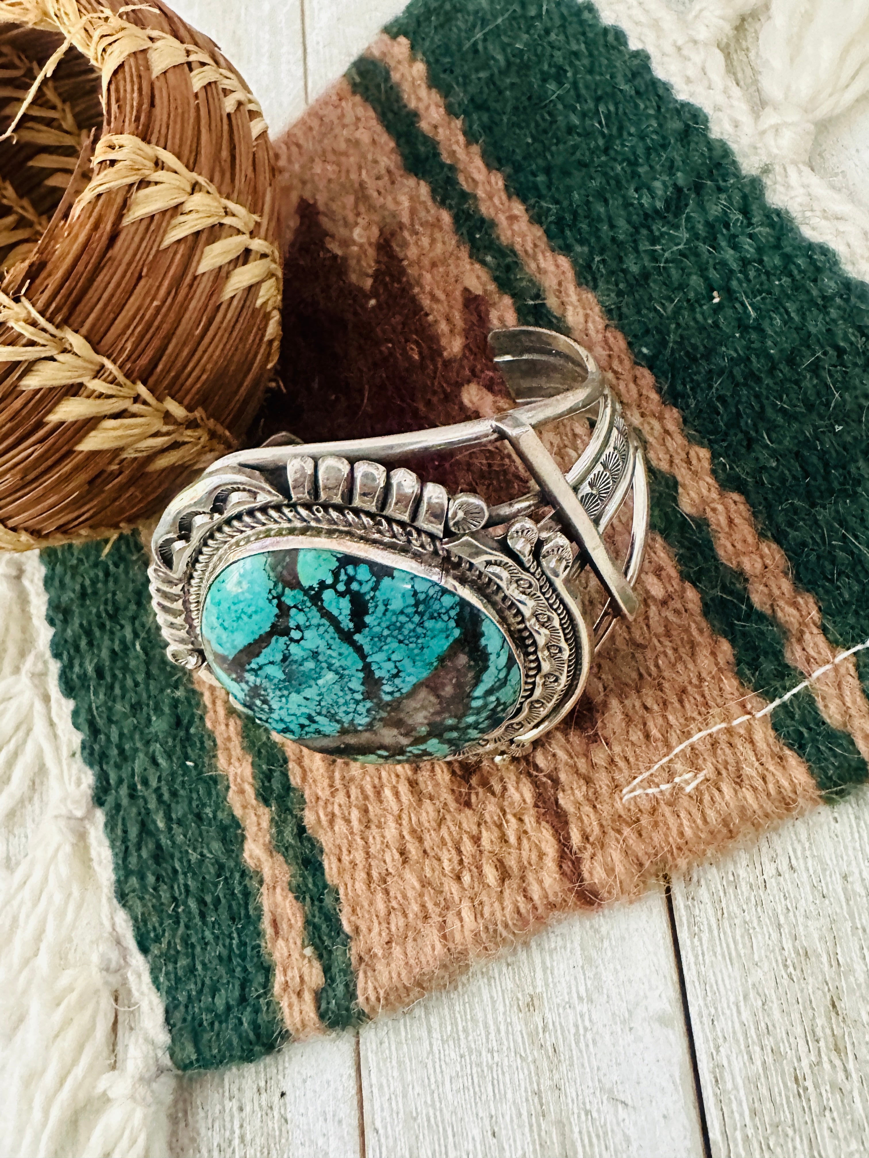 Handcrafted Old Pawn Tibetan Turquoise & Sterling Silver Cuff Bracelet