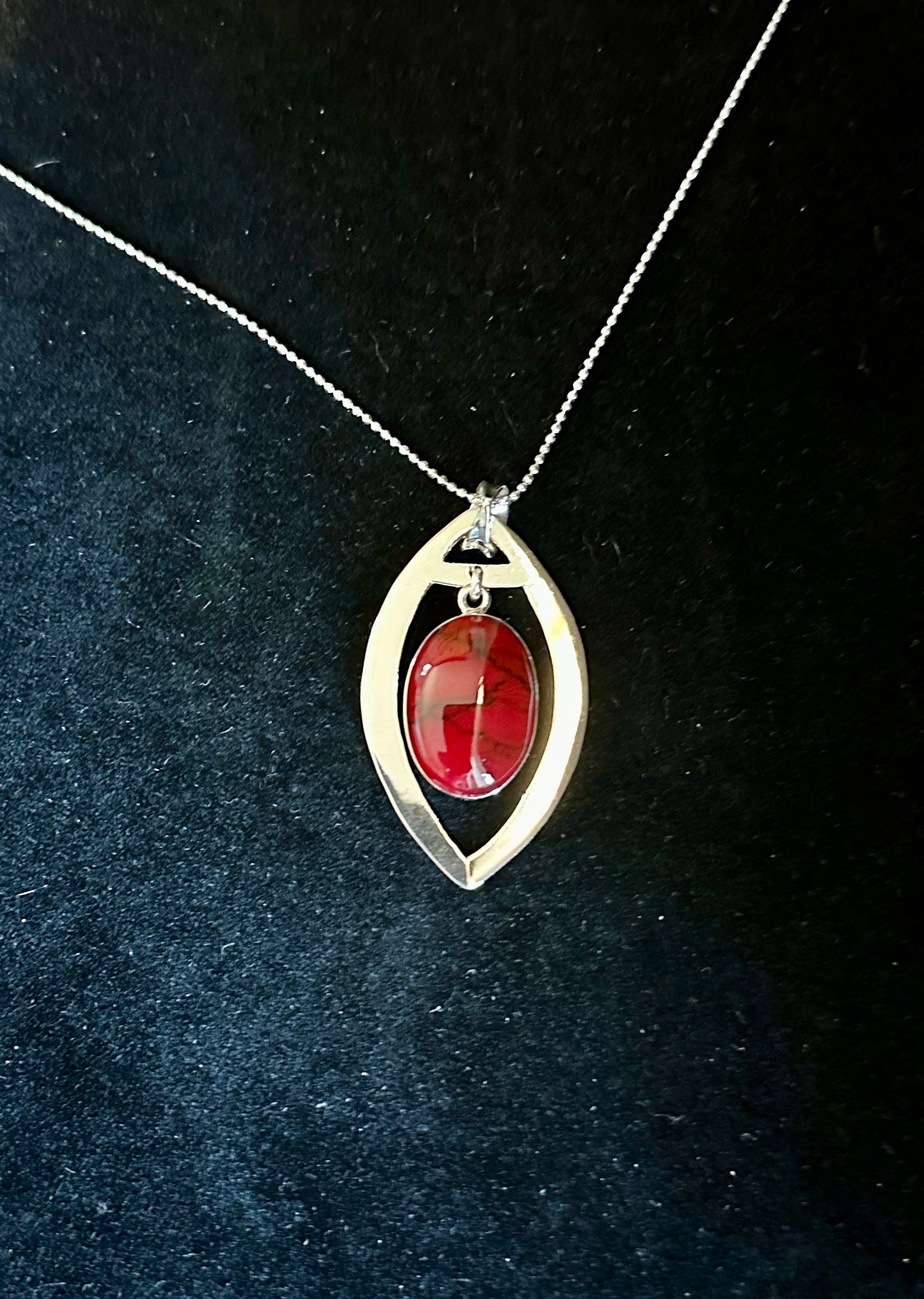 Red Jasper Oval in Elliptical Frame Sterling Silver Necklace