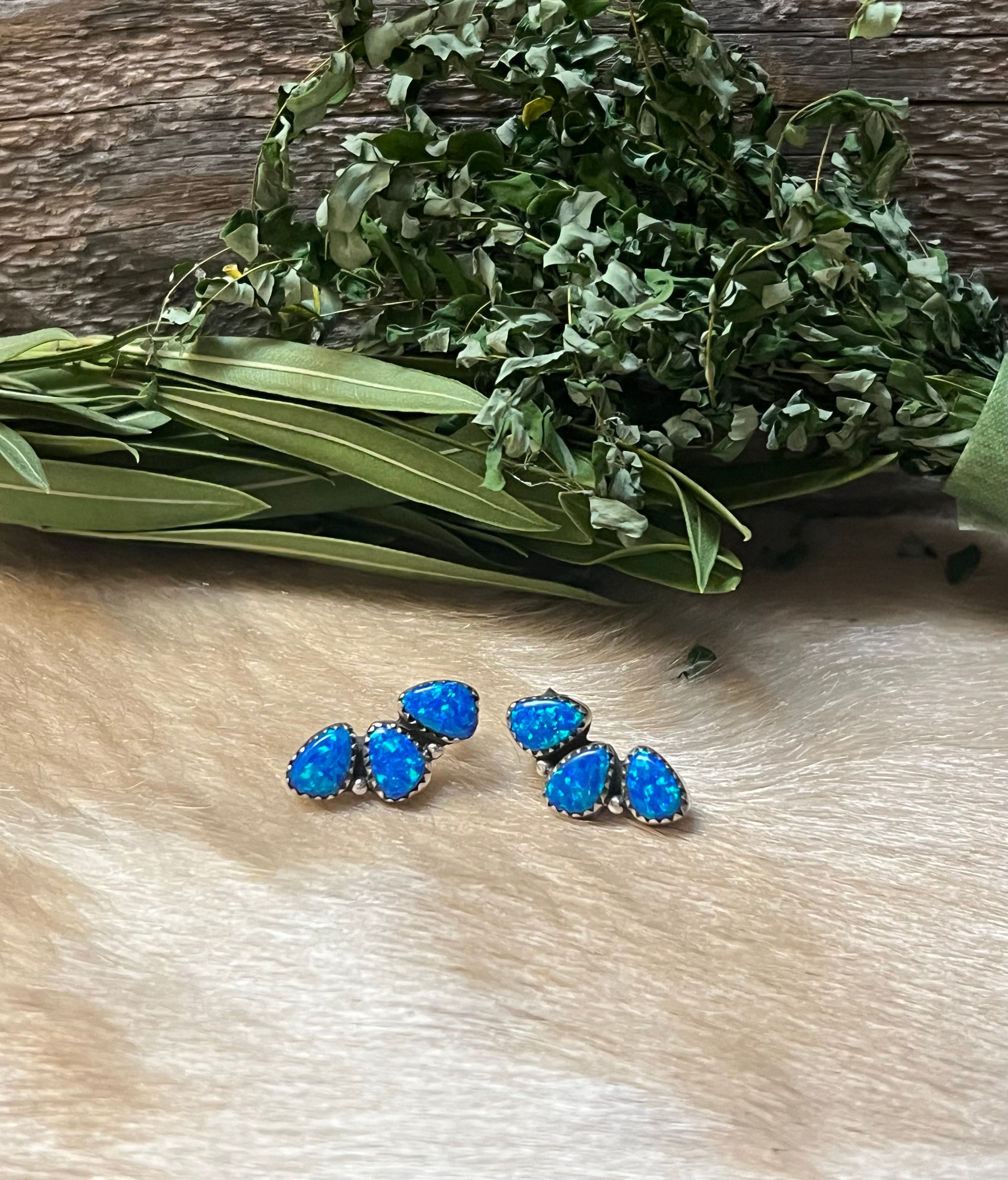Handmade Blue Opal Tear Drop & Sterling Silver Stud Earrings
