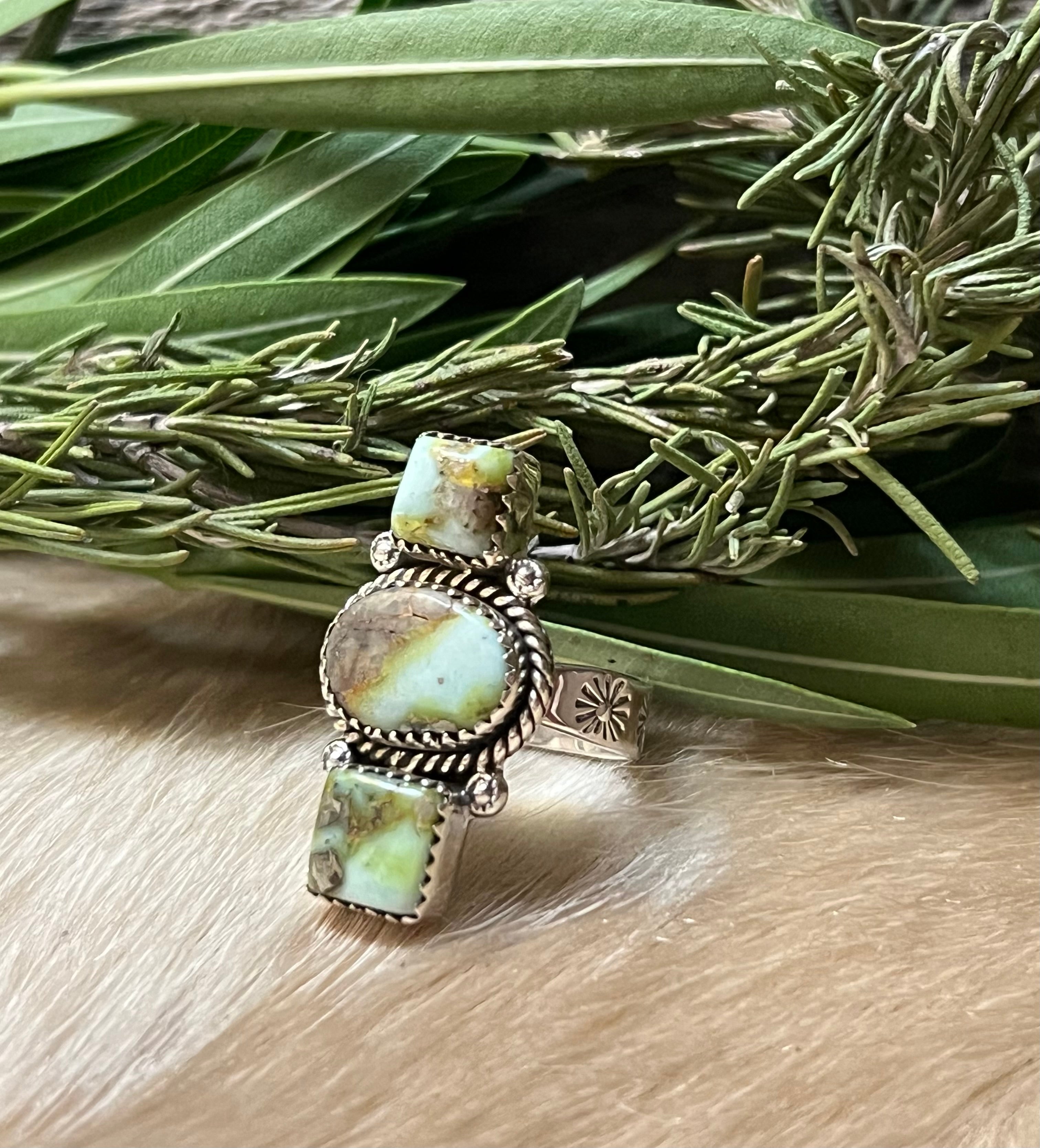 Handmade 3 Stone Palomino Turquoise & Sterling Silver Adjustable Ring