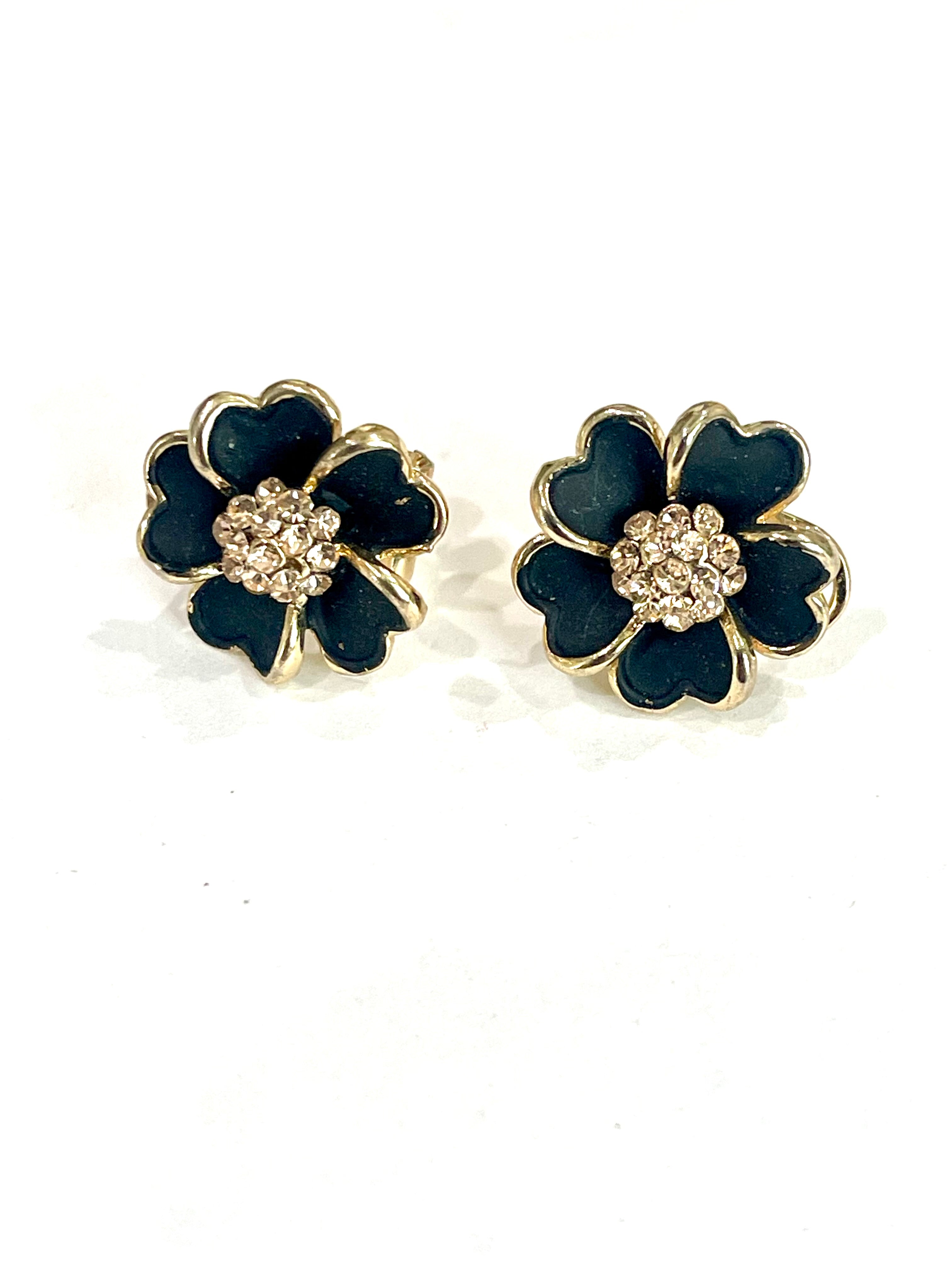 Vintage Gold Plated Stud Black Flower Earrings