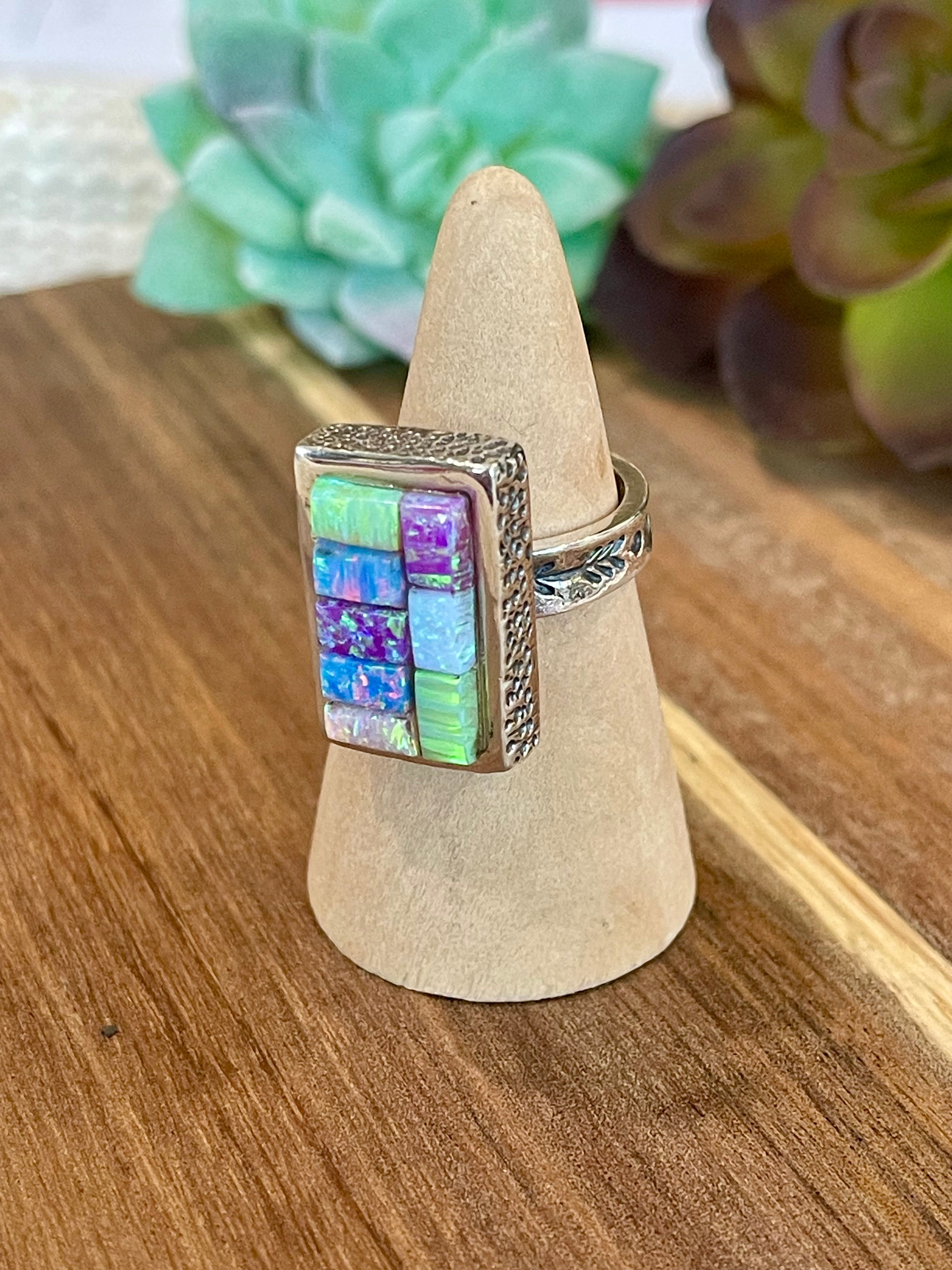 Handmade Sterling Silver & Multi Stone Inlay Ring Size 7.75