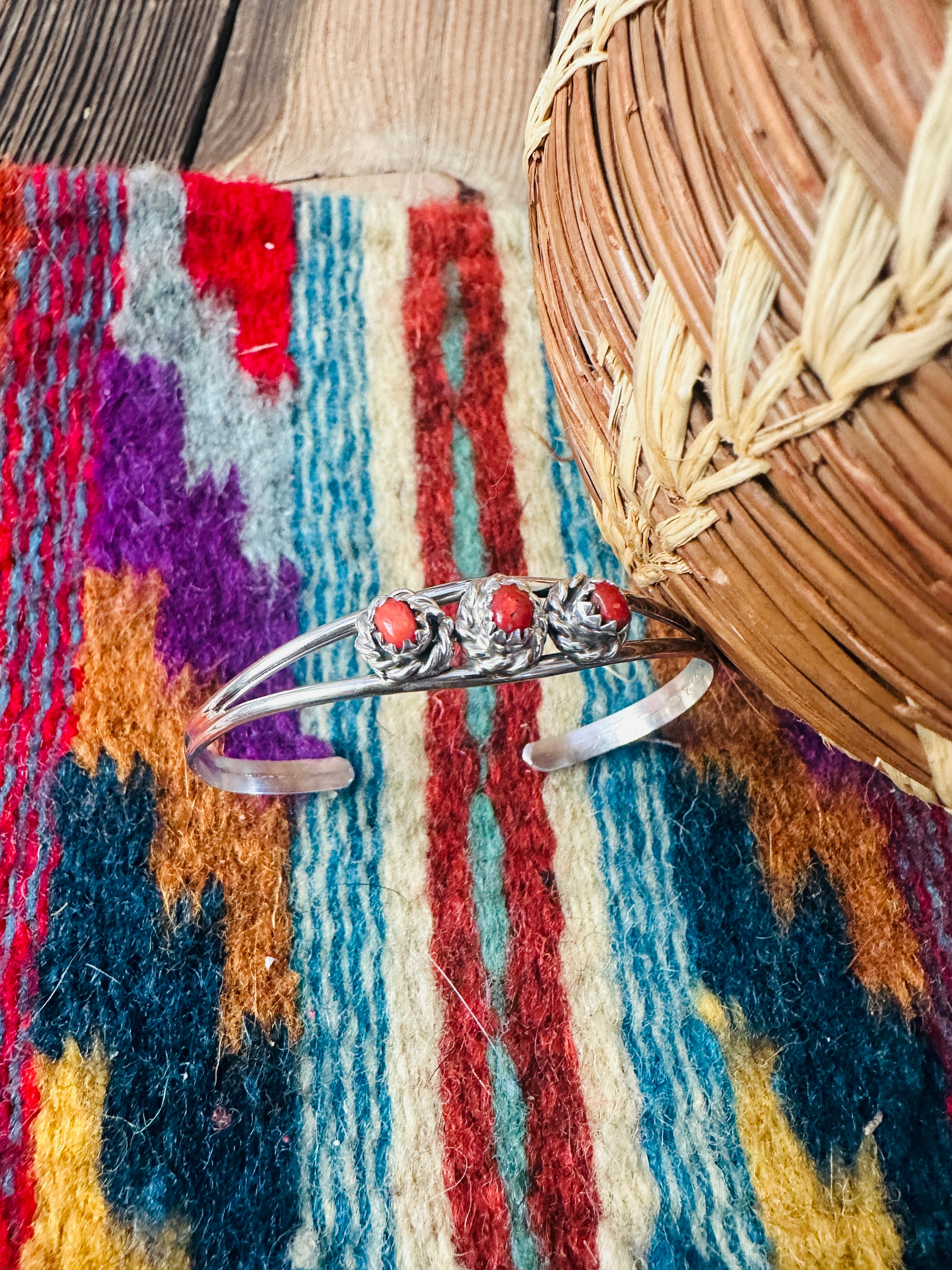 Handcrafted Coral & Sterling Silver Baby Cuff Bracelet