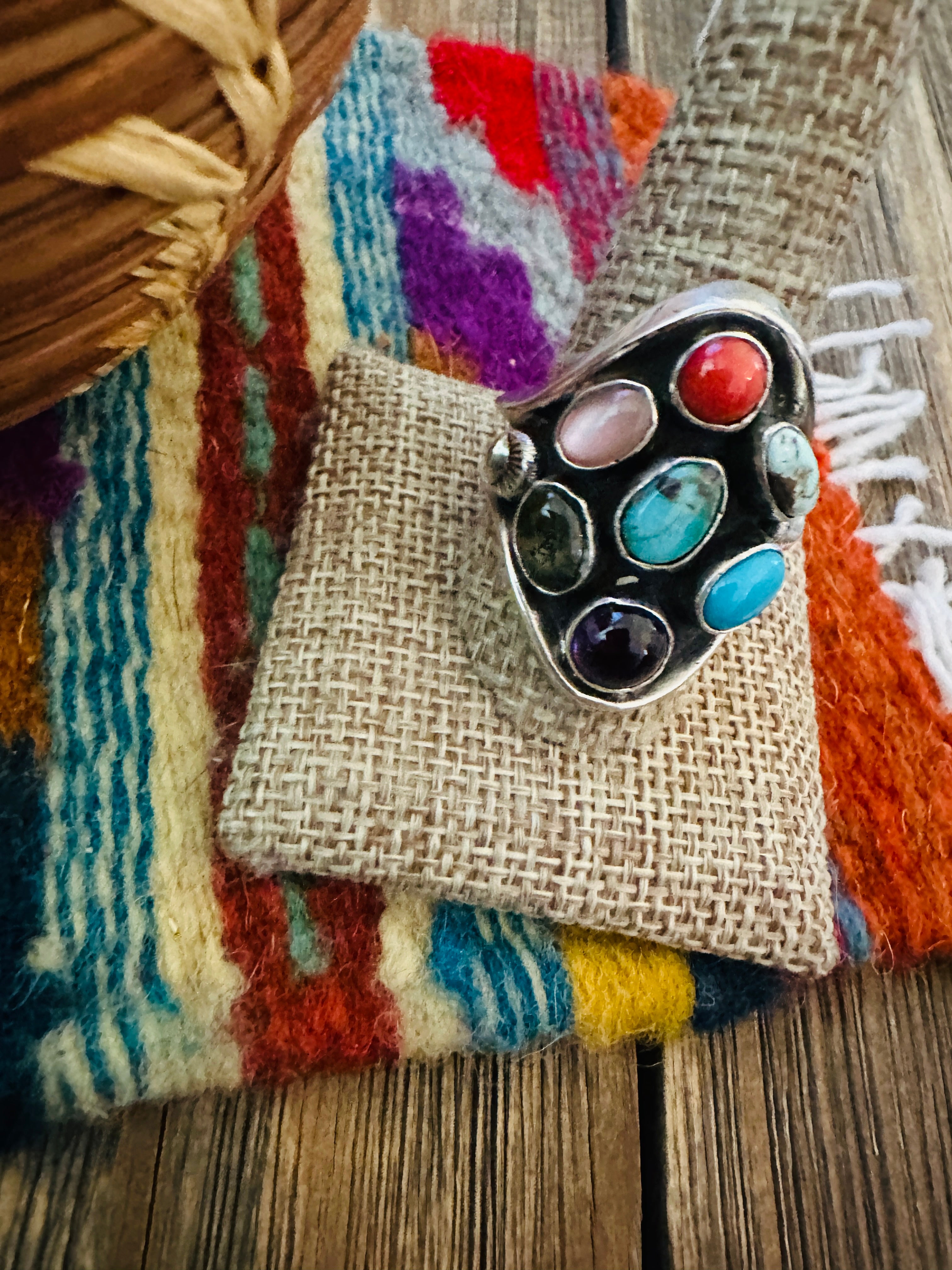 Handcrafted Multi Stone & Sterling Silver Ring Size 11 by Emer Thompson