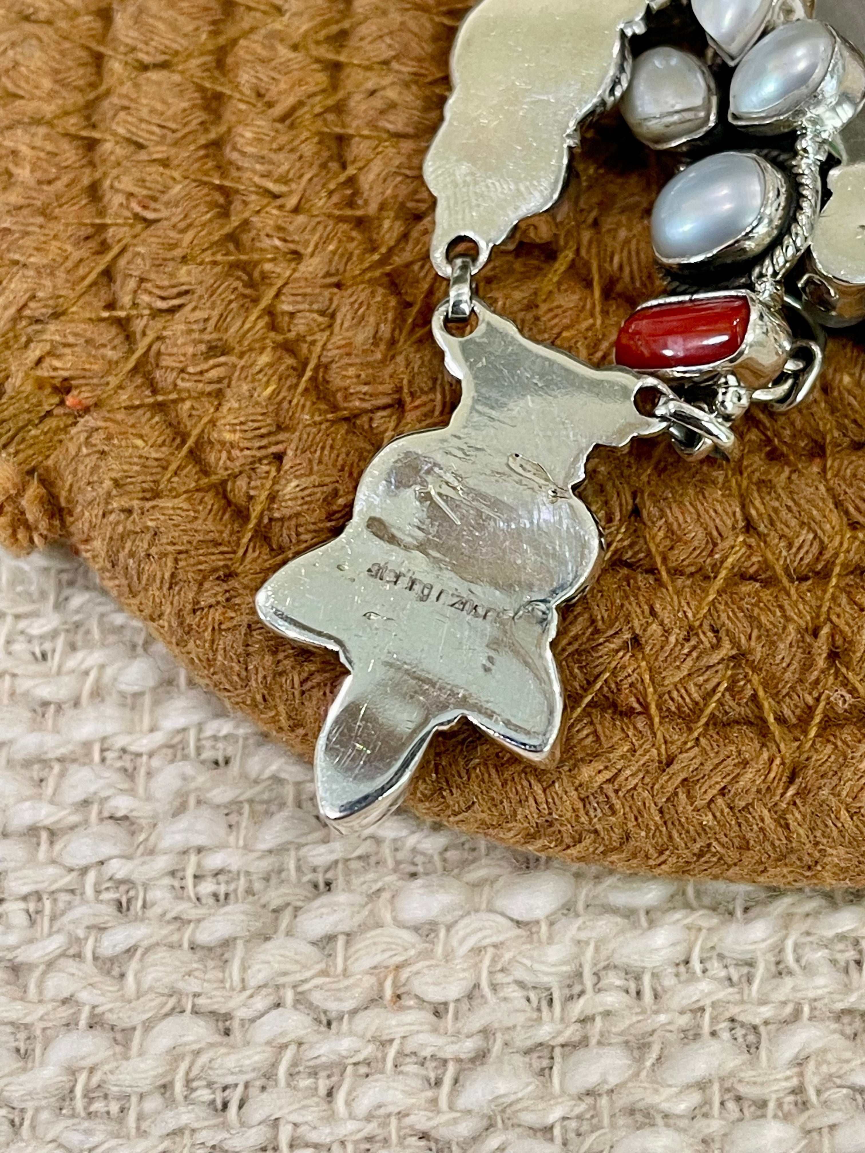 ** 4TH OF JULY ** Handmade Sterling , Silver Synthetic Opal & Coral Necklace, Earring & Ring Set with Signed Nizhoni