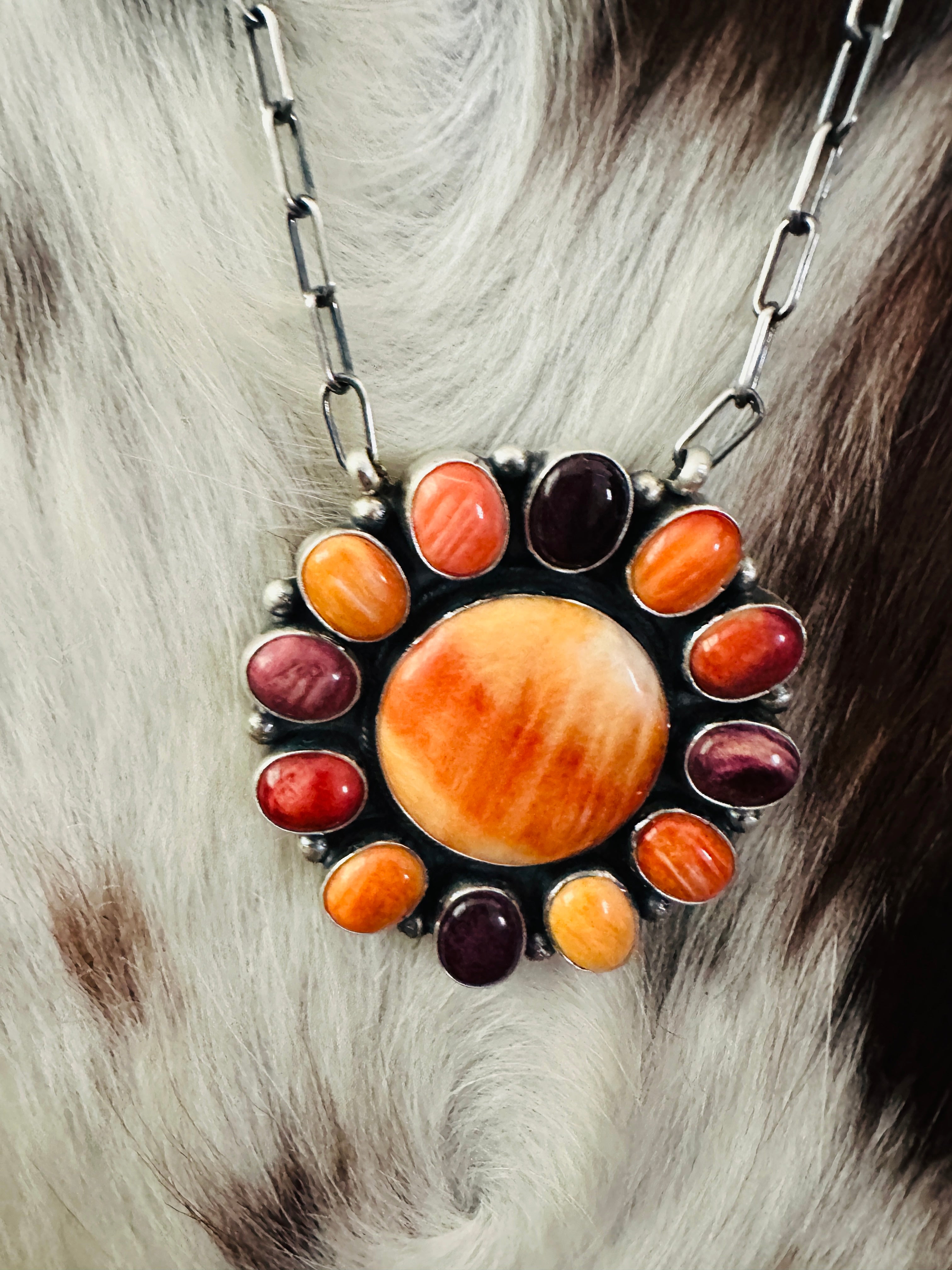Handcrafted Multicolor Spiny Oyster & Sterling Silver Cluster Necklace by Sheila Becenti