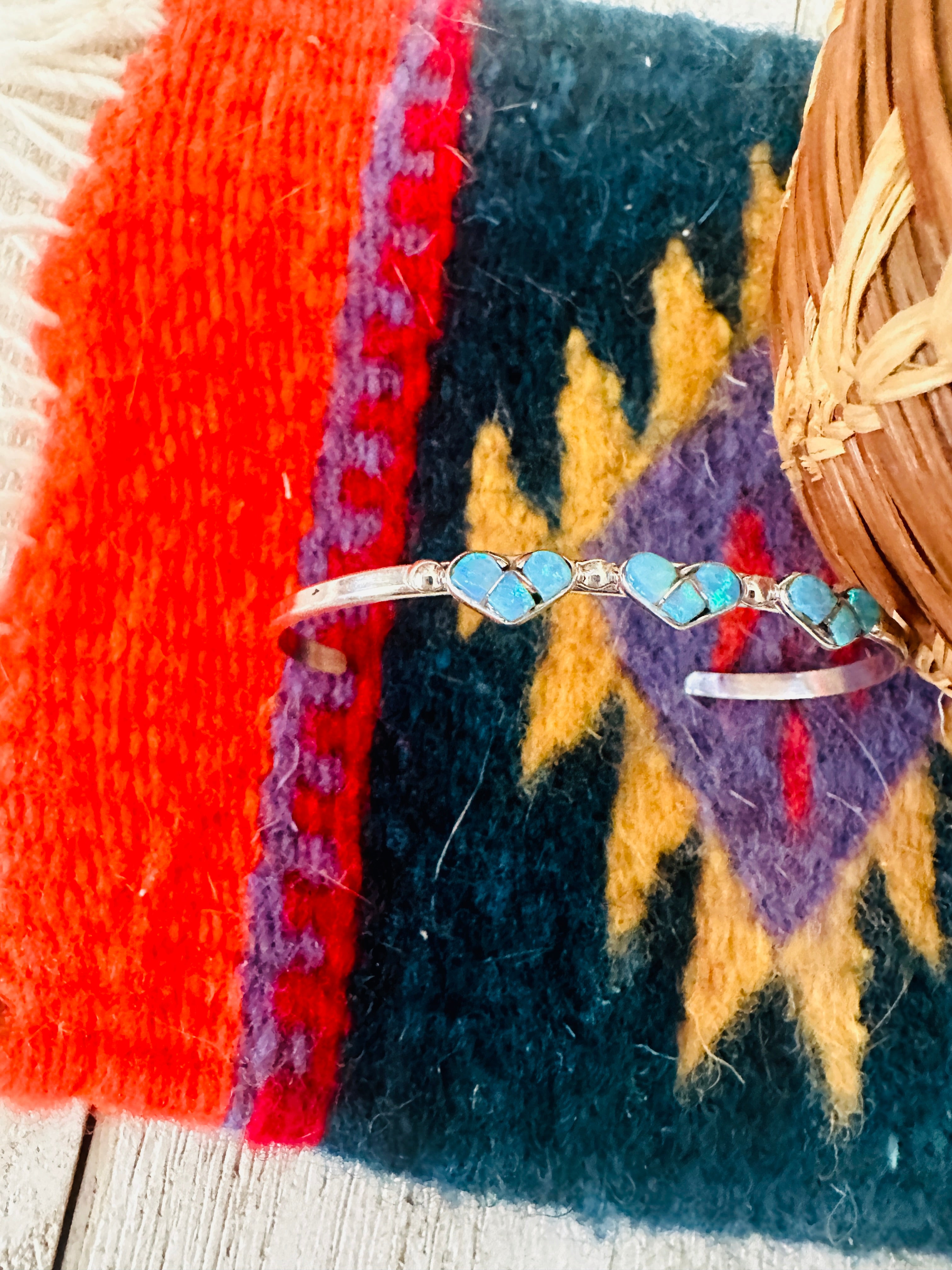 Sterling Silver & Blue Opal Heart Baby Cuff Bracelet /