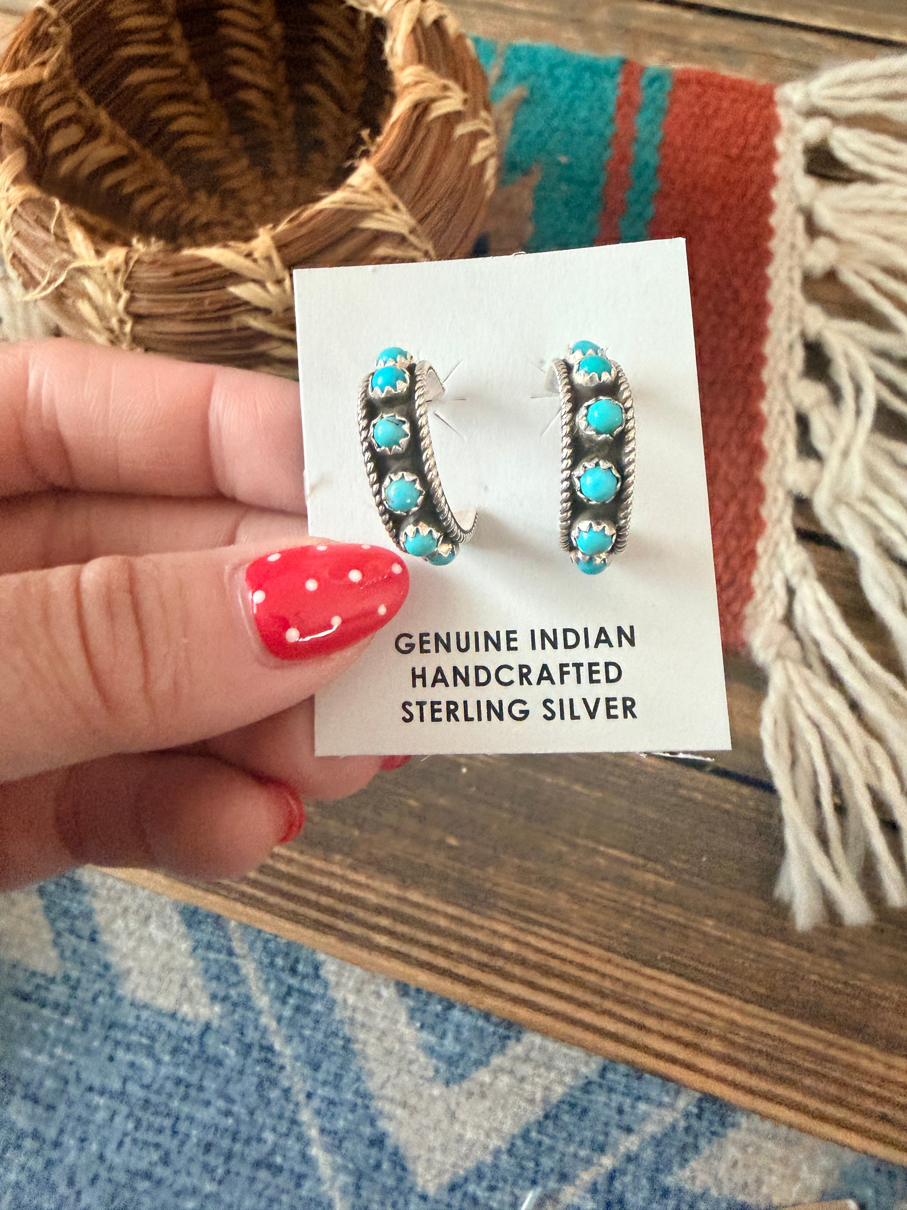 Handcrafted Turquoise & Sterling Silver Snake Eye Hoop Earrings