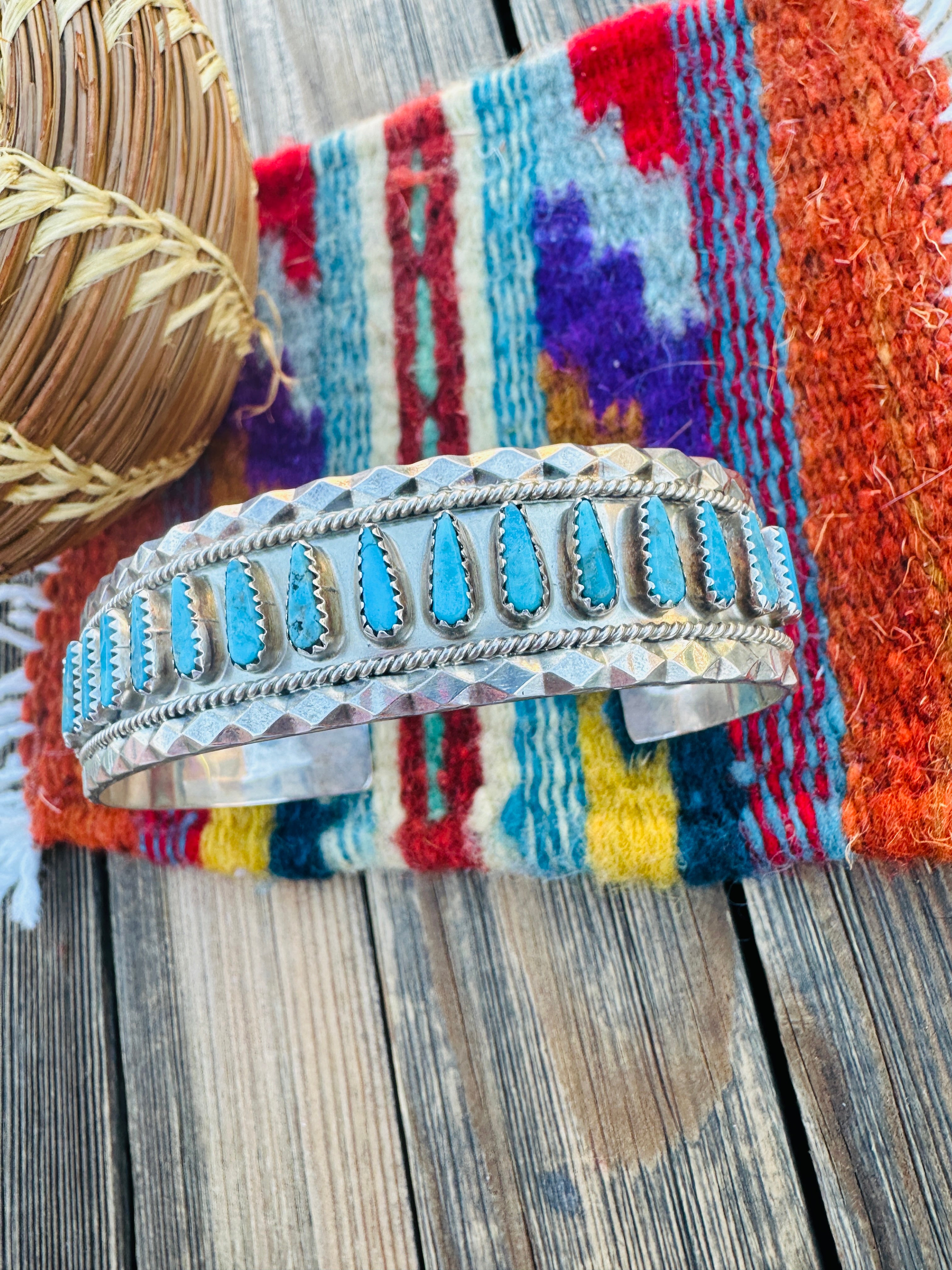 Handcrafted Old Pawn Sterling Silver & Turquoise Cuff Bracelet by Tommy Lowe