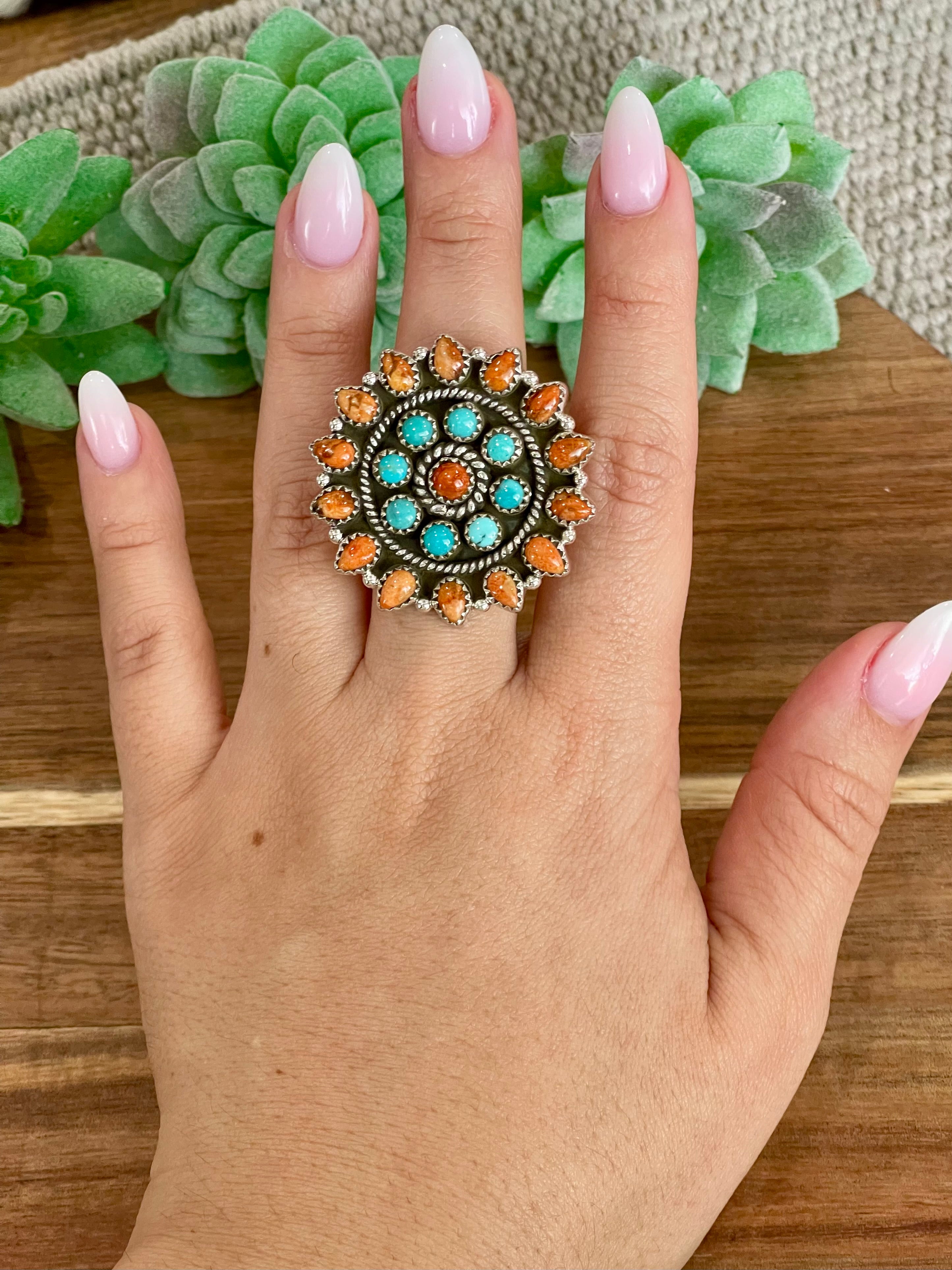 Handmade Turquoise , Orange Mojave And Sterling Silver Adjustable Cluster Ring