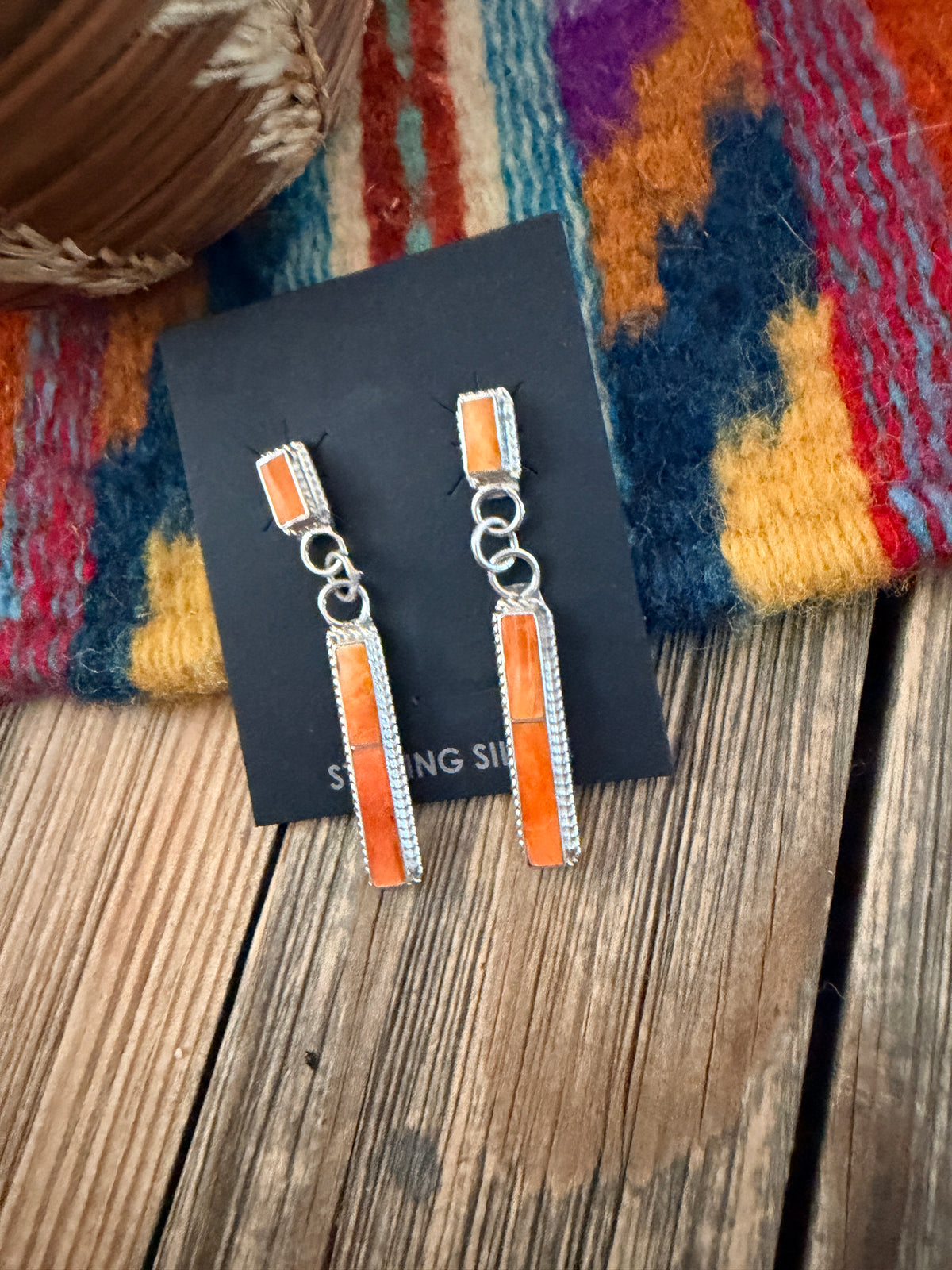 Handcrafted Spiny Oyster & Sterling Silver Inlay Dangle Earrings