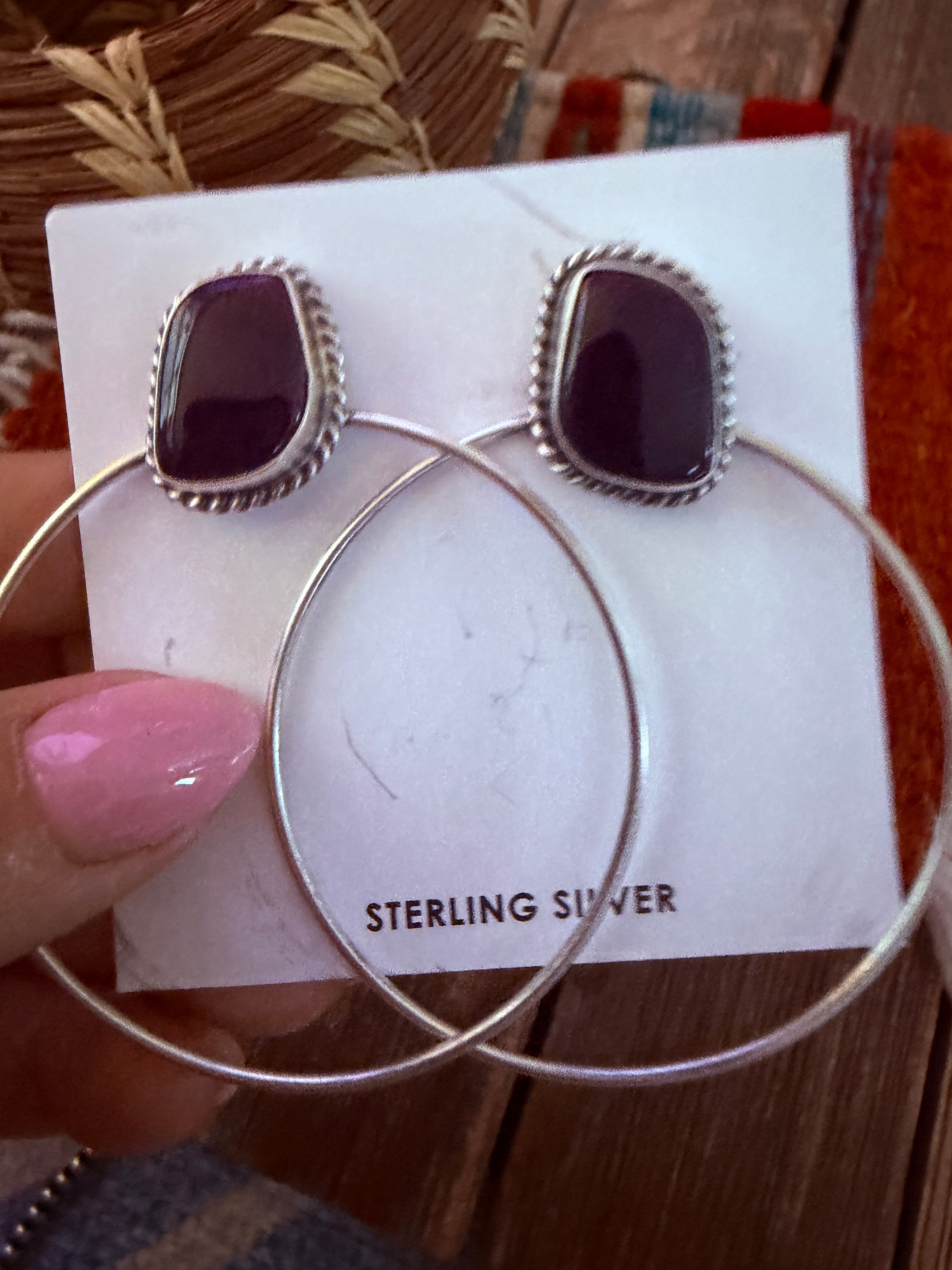 Handcrafted Purple Spiny and Sterling Silver Dangle Hoop Earrings by Elouise Kee