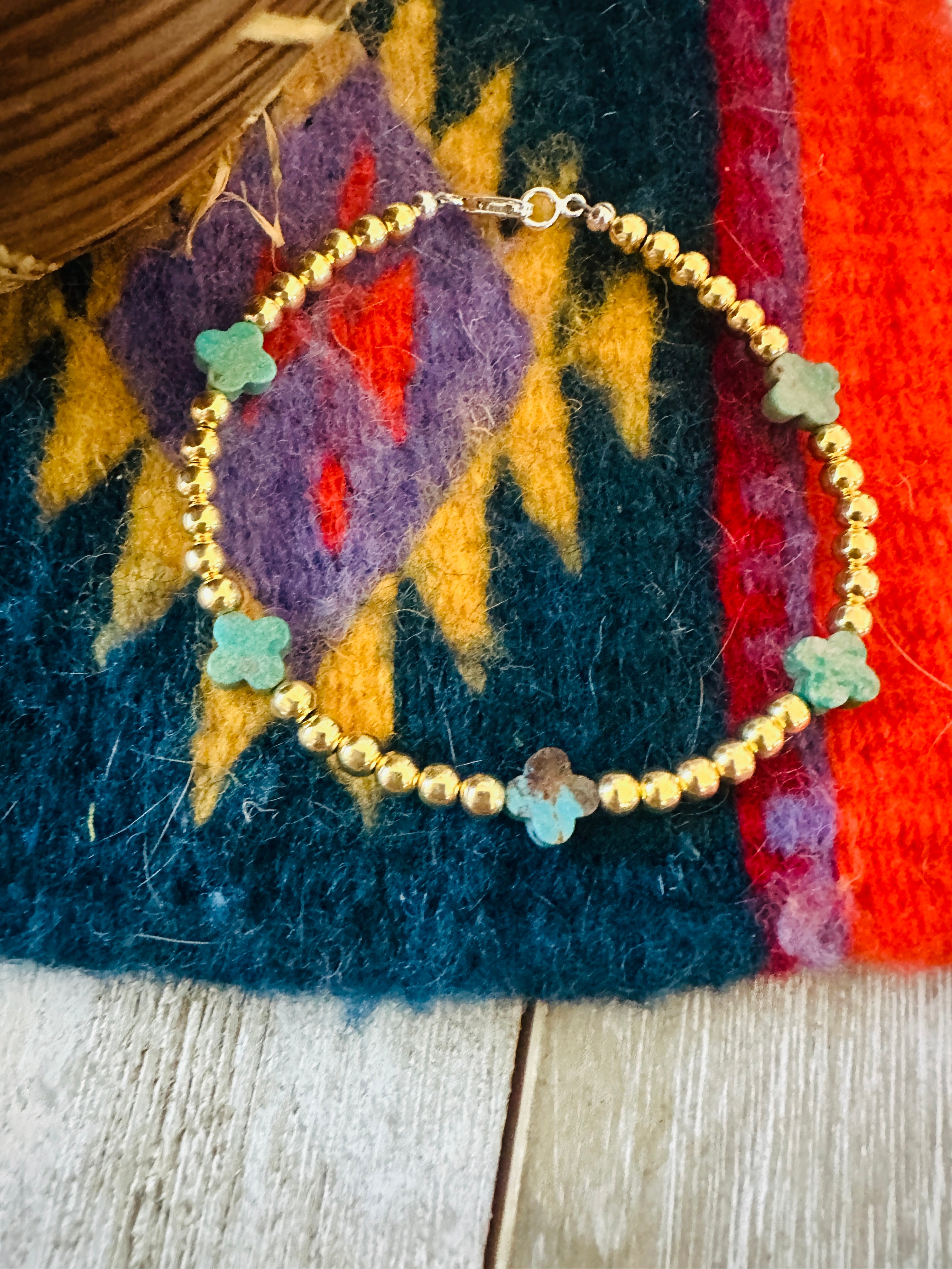 Handcrafted Cle'vara Gold Plated Sterling Silver Pearl & Turquoise Beaded Bracelet