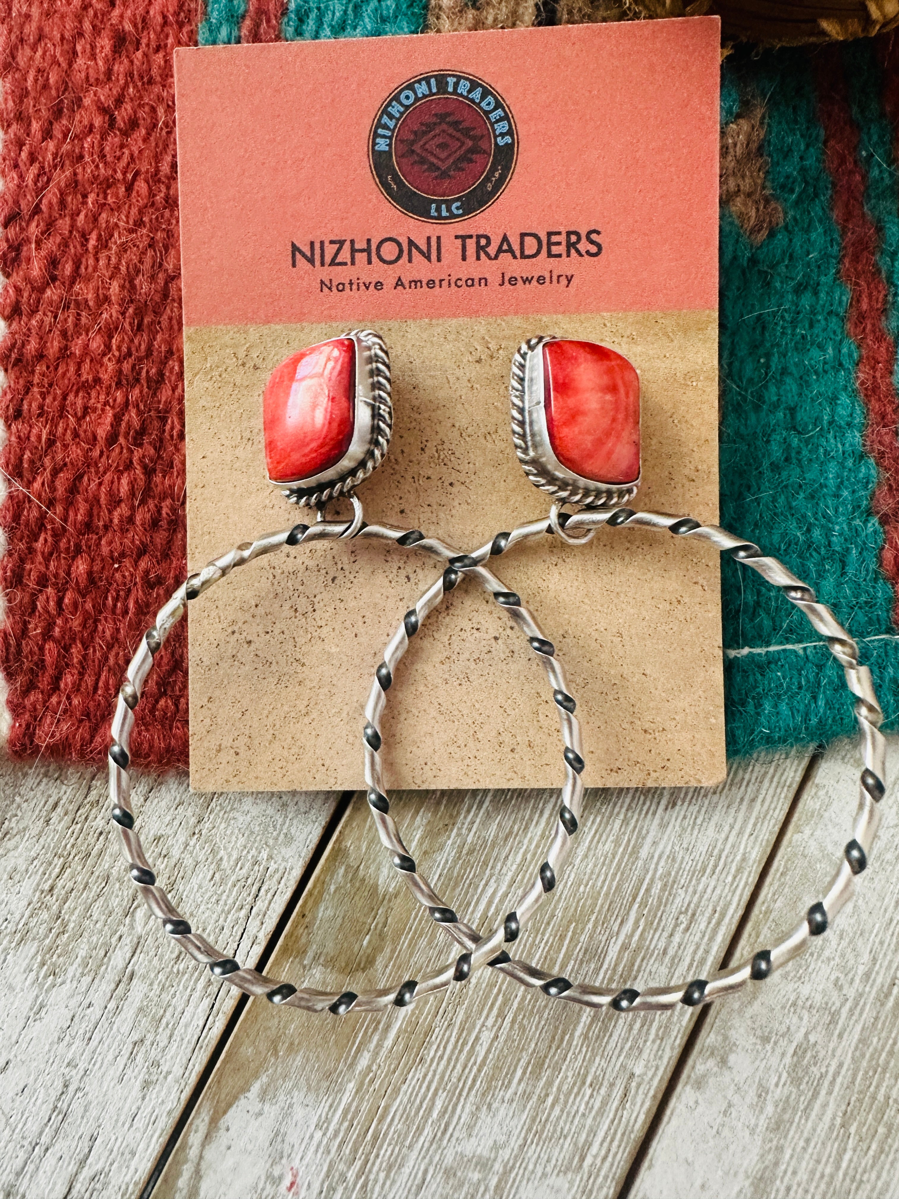 Navajo Orange Spiny and Sterling Silver Dangle Hoop Earrings