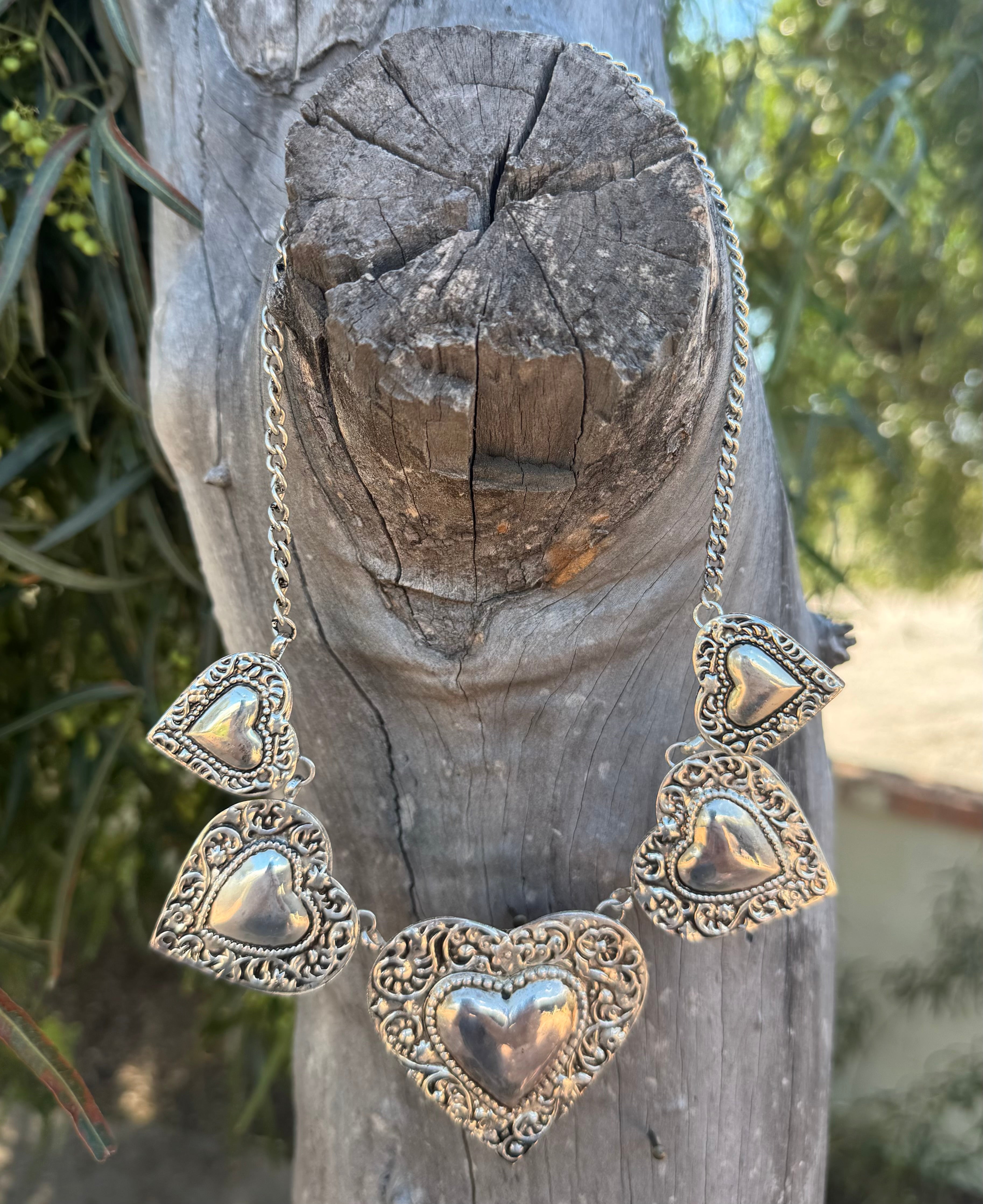 Silver Plated Brass Etched 5-Heart Chain Necklace